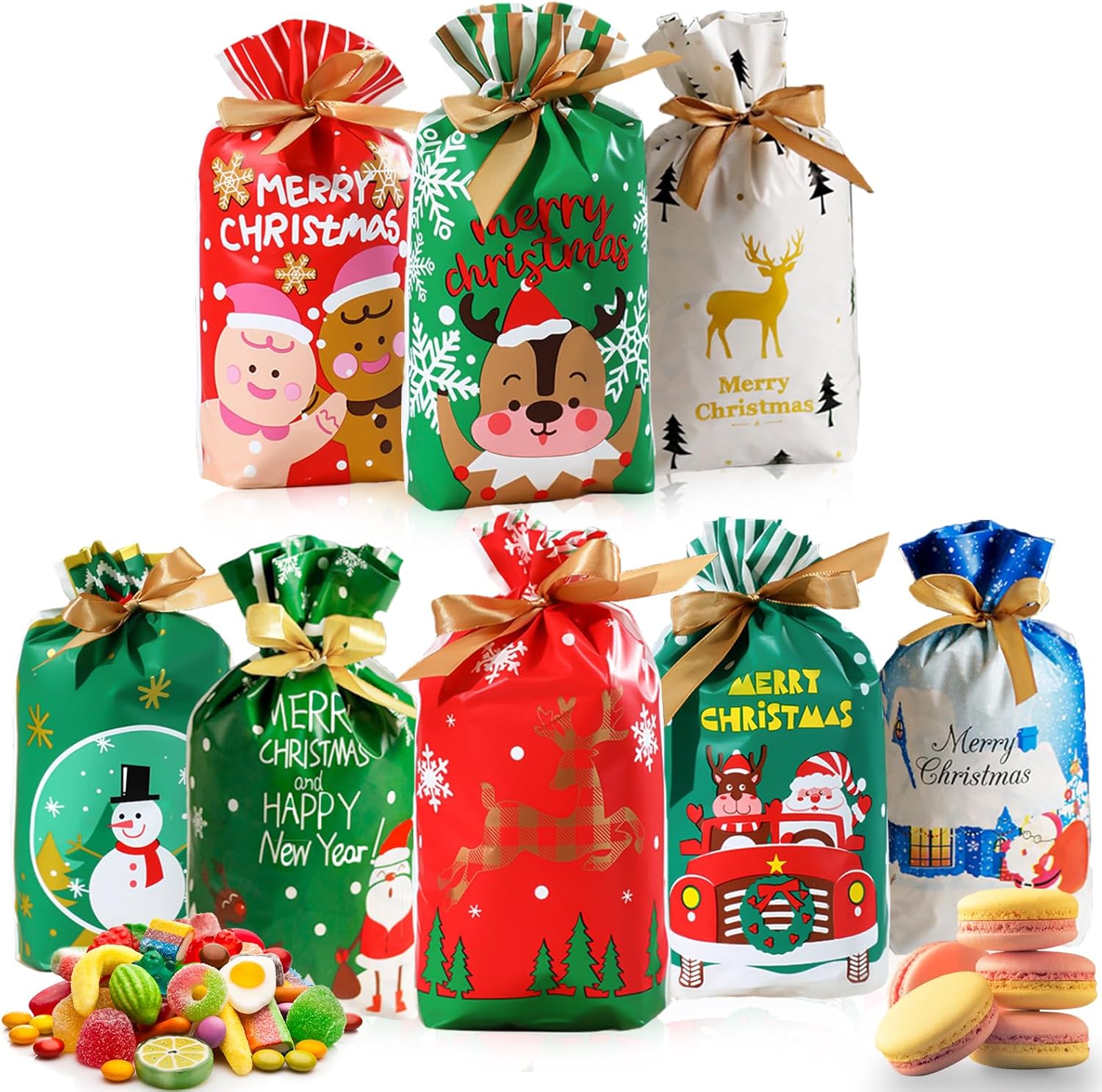 ROSAUI Small Christmas Gift Bags, 32Pcs 8 Designs Christmas Drawstring