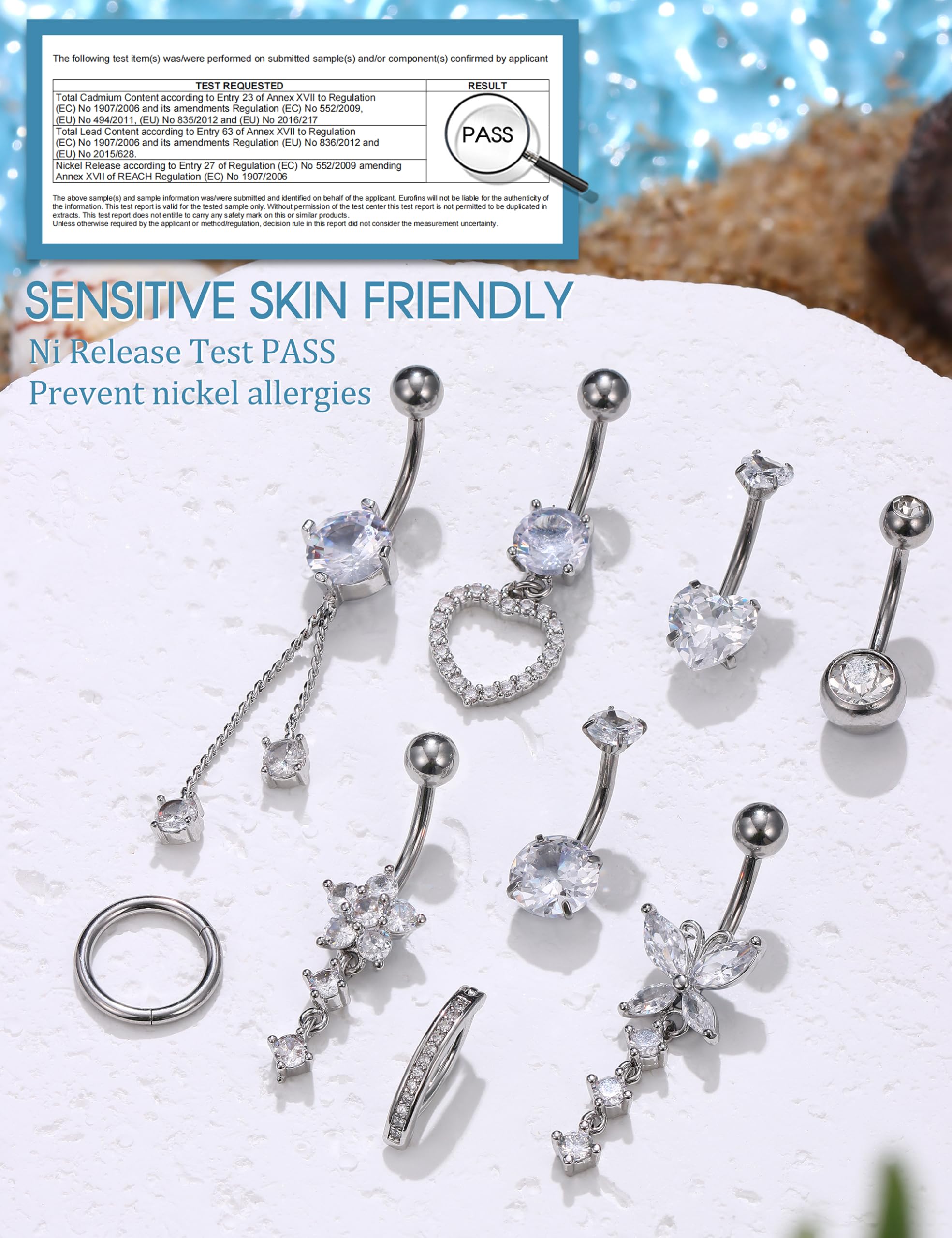 YADOCA 14G 9 Piezas Piercing Ombligo Acero Quirúrgico Plata/Oro CZ Clicker Colgante Anillo