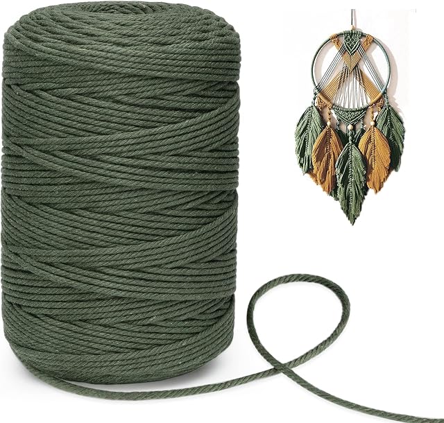 Macrame Cord,3mm x 300m Thickness Cotton Cord Yarn,4-ply 10 Strands Macrame Cotton Rope for Homemade Plant Hangers, Wall Hangings, DIY Crafts, Home Decorations(Army Green)