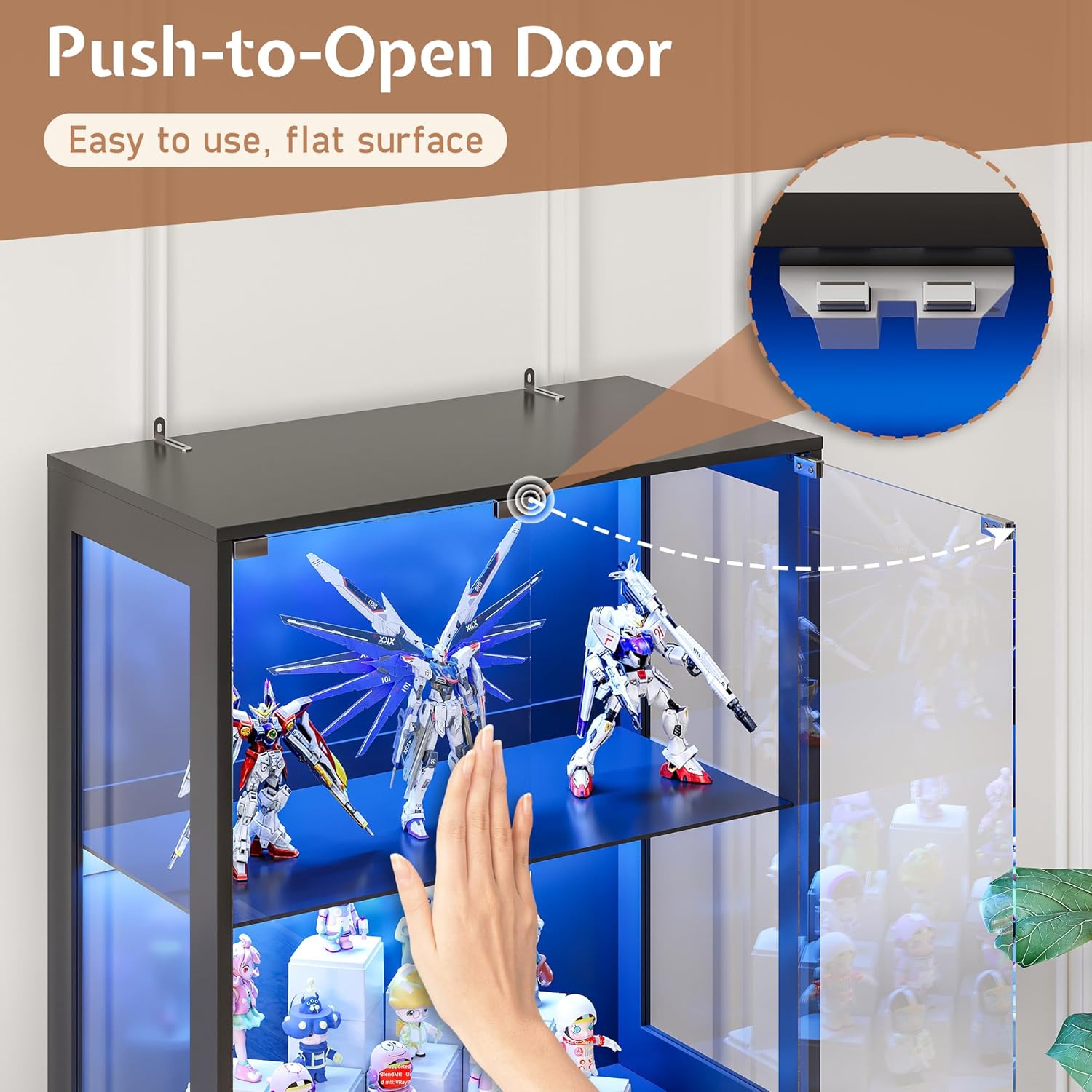 Jocisland display cabinet with glass doors showcasing RGB lighting and collectibles on shelves