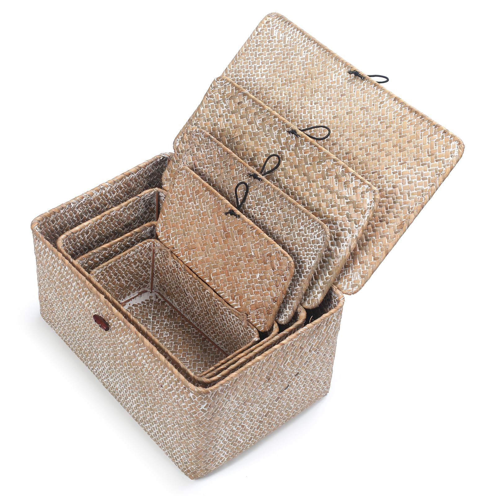 Cesta de Mimbre con Tapa, Cesta de Almacenamiento de Seagrass, Cesta Decorativa Tejida para Estante o Mostrador, Blanco