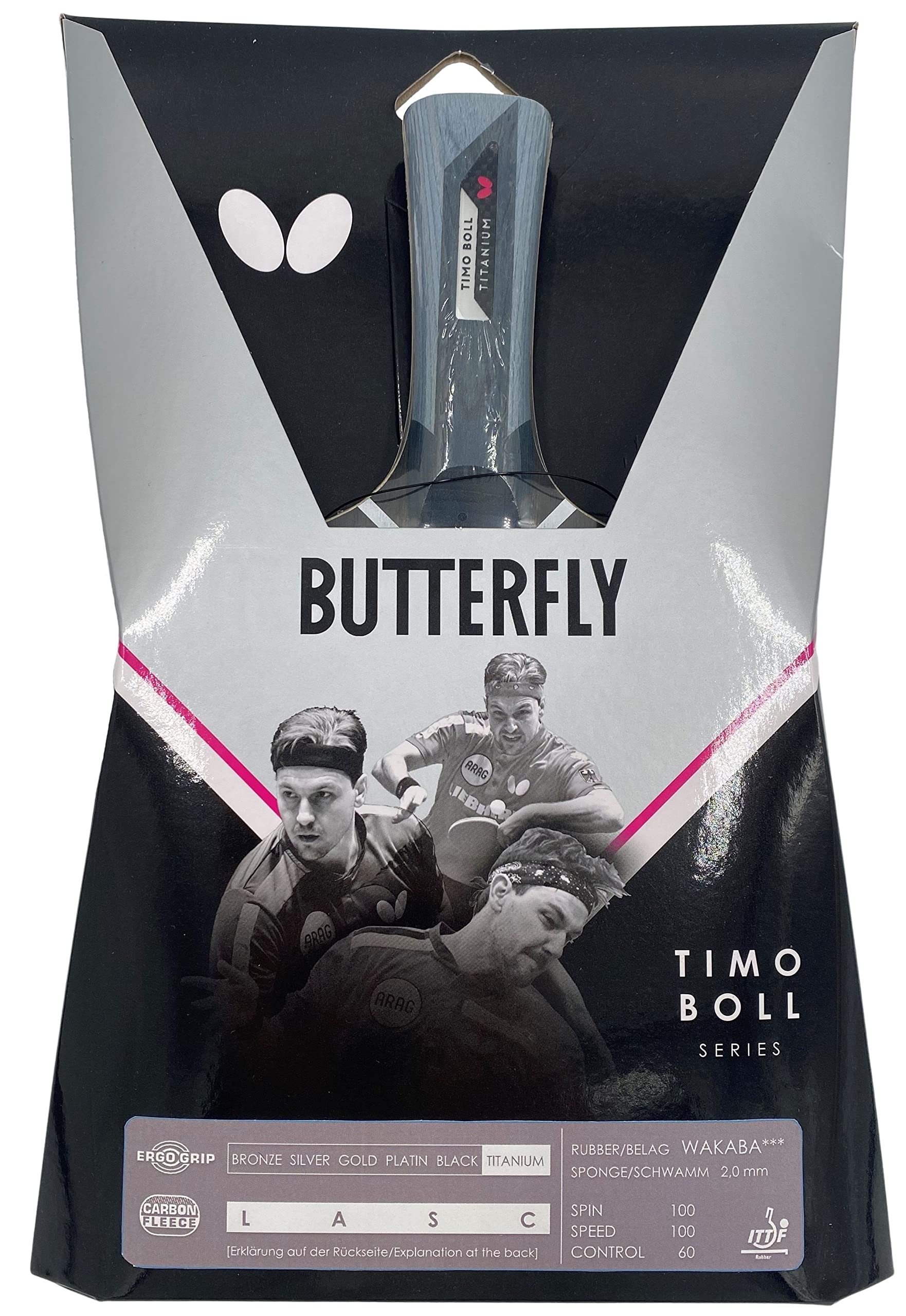 Butterfly Timo Boll Titanium Raqueta de tenis de mesa | Revestimiento Wakaba certificado ITTF para competición | Esponja de 2,0 mm | Jugador profesional entrenado