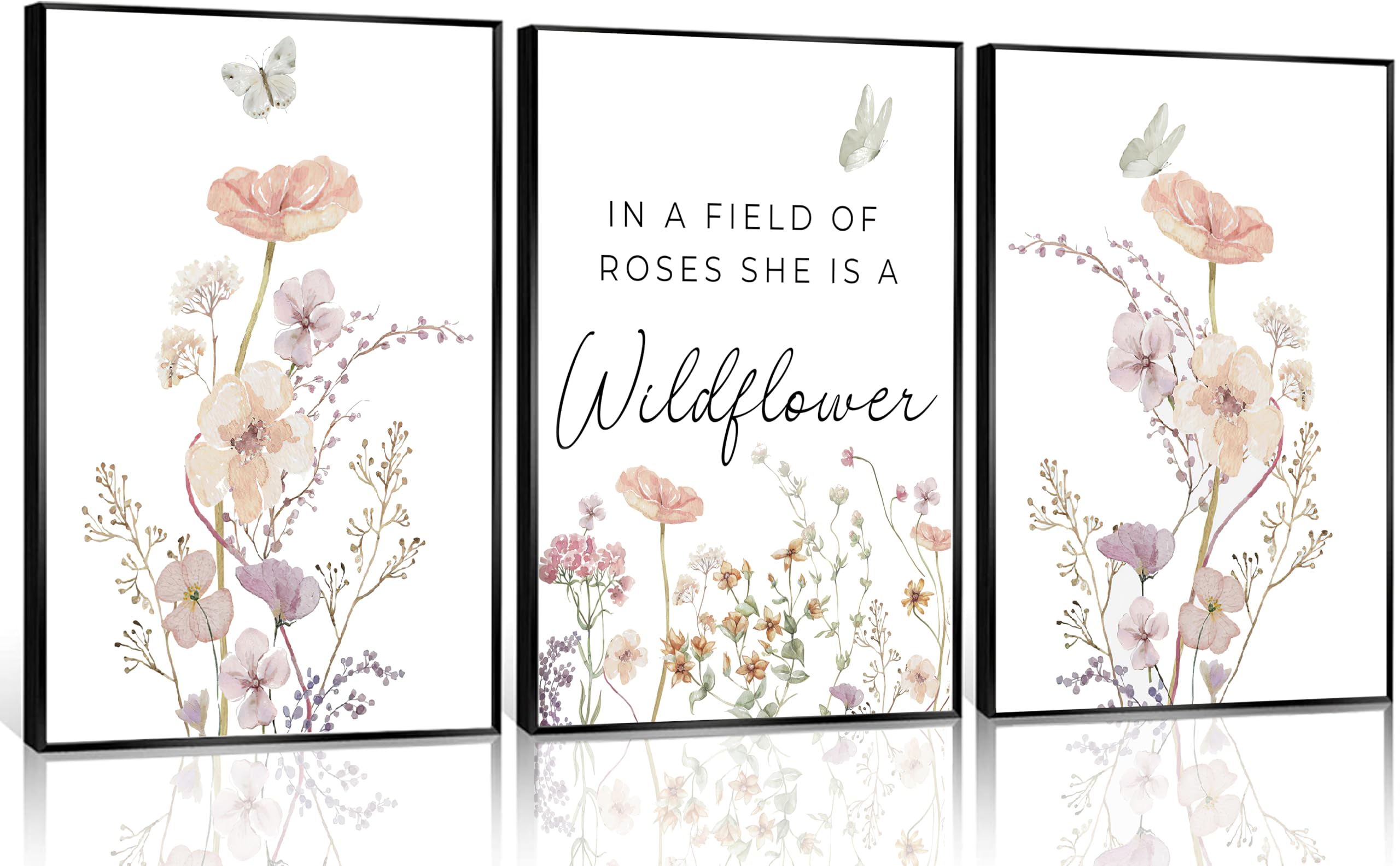 3Pcs Wildflower Nursery Canvas Wall Art Flower Botanical Sentence Poster Pink Watercolor Floral Girl's Room Decorative Painting for Nursery Baby Room