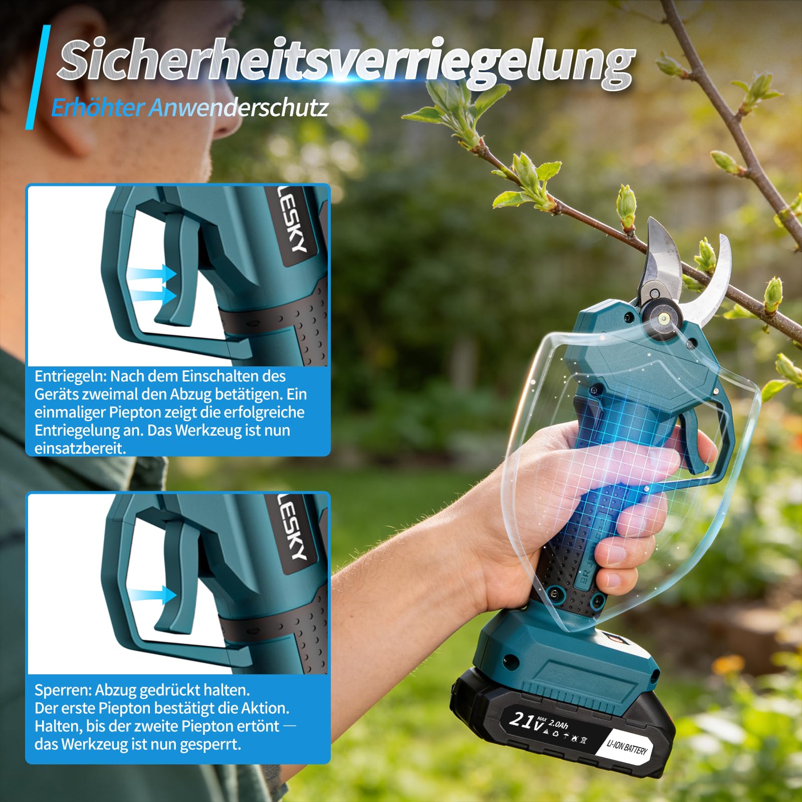 Akku-Astschere Professionelle Passend Kompatibel mit Makita Akku, 40mm Elektrische Gartenschere, SK5 Klingen, LED-Display, Doppelte Sicherheitsverriegelung für Garten, Sträucher und Äste