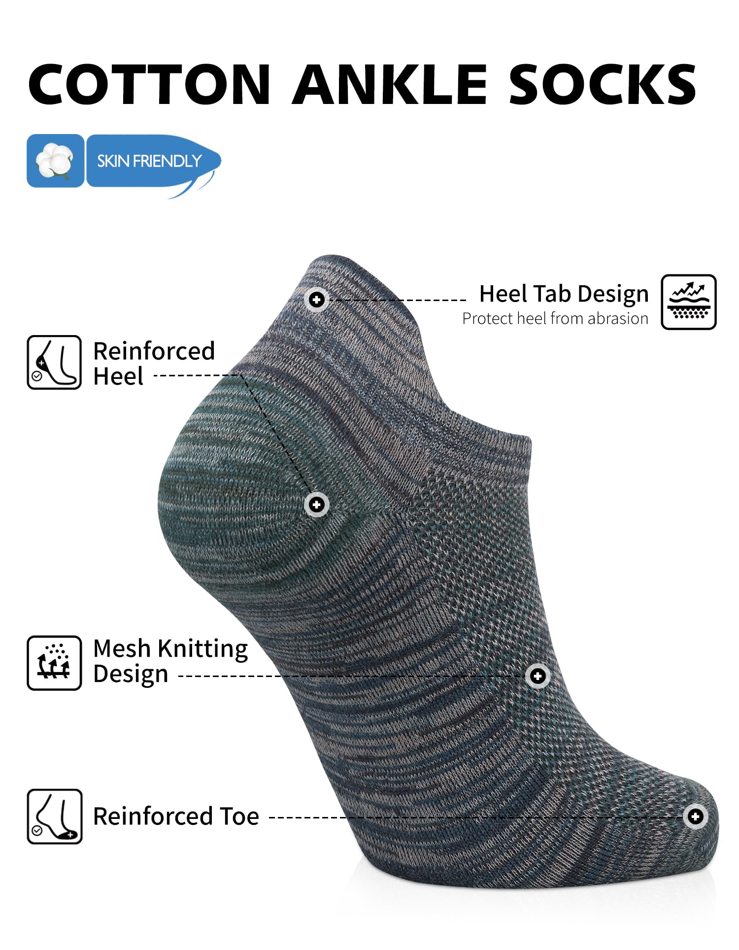 CLOSEMATE 5 Paires Socquettes Homme Femme 39-42 43-46 en Coton | Semelles épaisses pour amorti optimal, Ajustement élastique, Maille respirante, Renforts aux orteils et talons