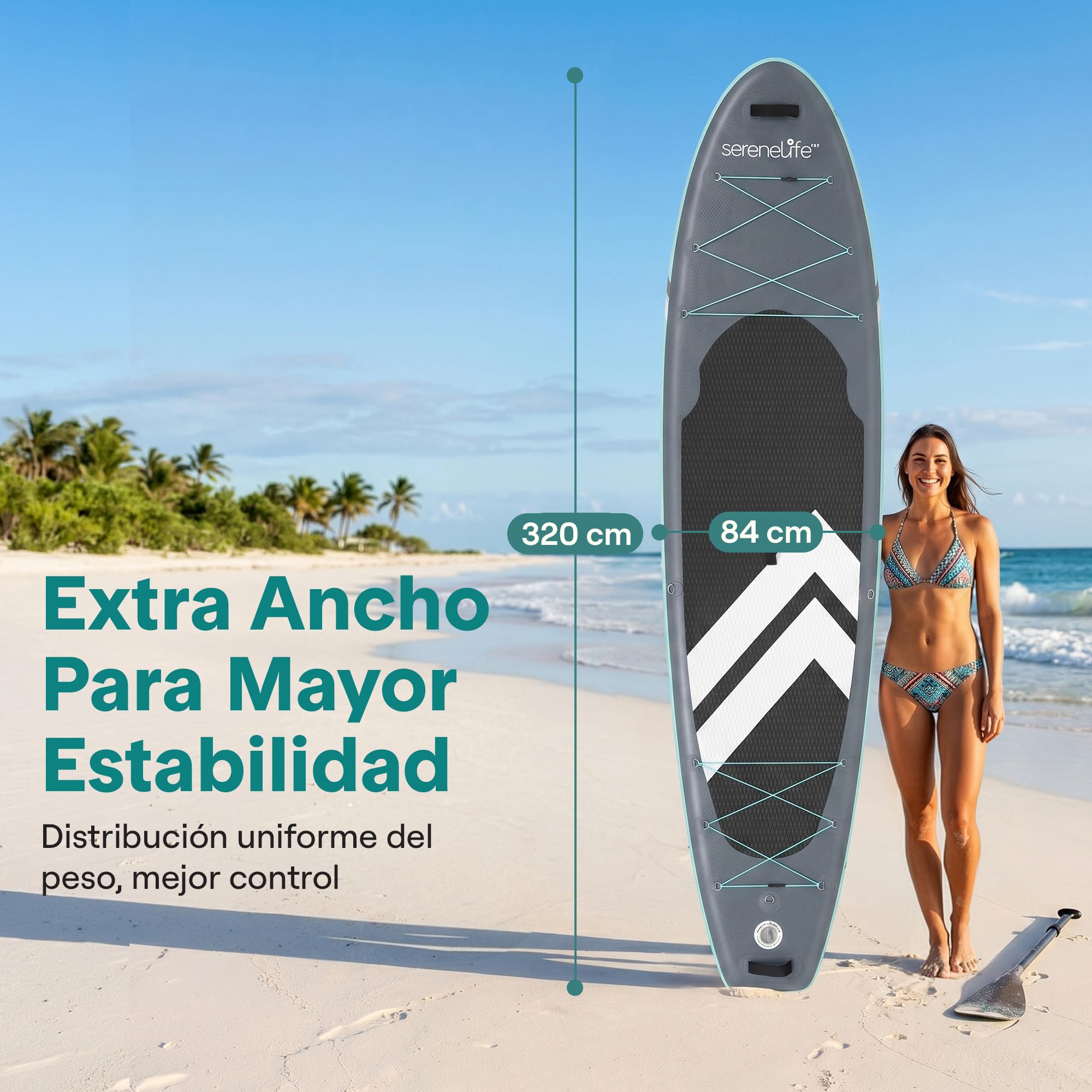SereneLife Tabla Paddle Surf Hinchable, Ultra Ligera, Diseño Extra Ancho y Estable, con Almohadilla de Cubierta EVA Antideslizante, para Jóvenes y Adultos, Capacidad de 158.7kgs