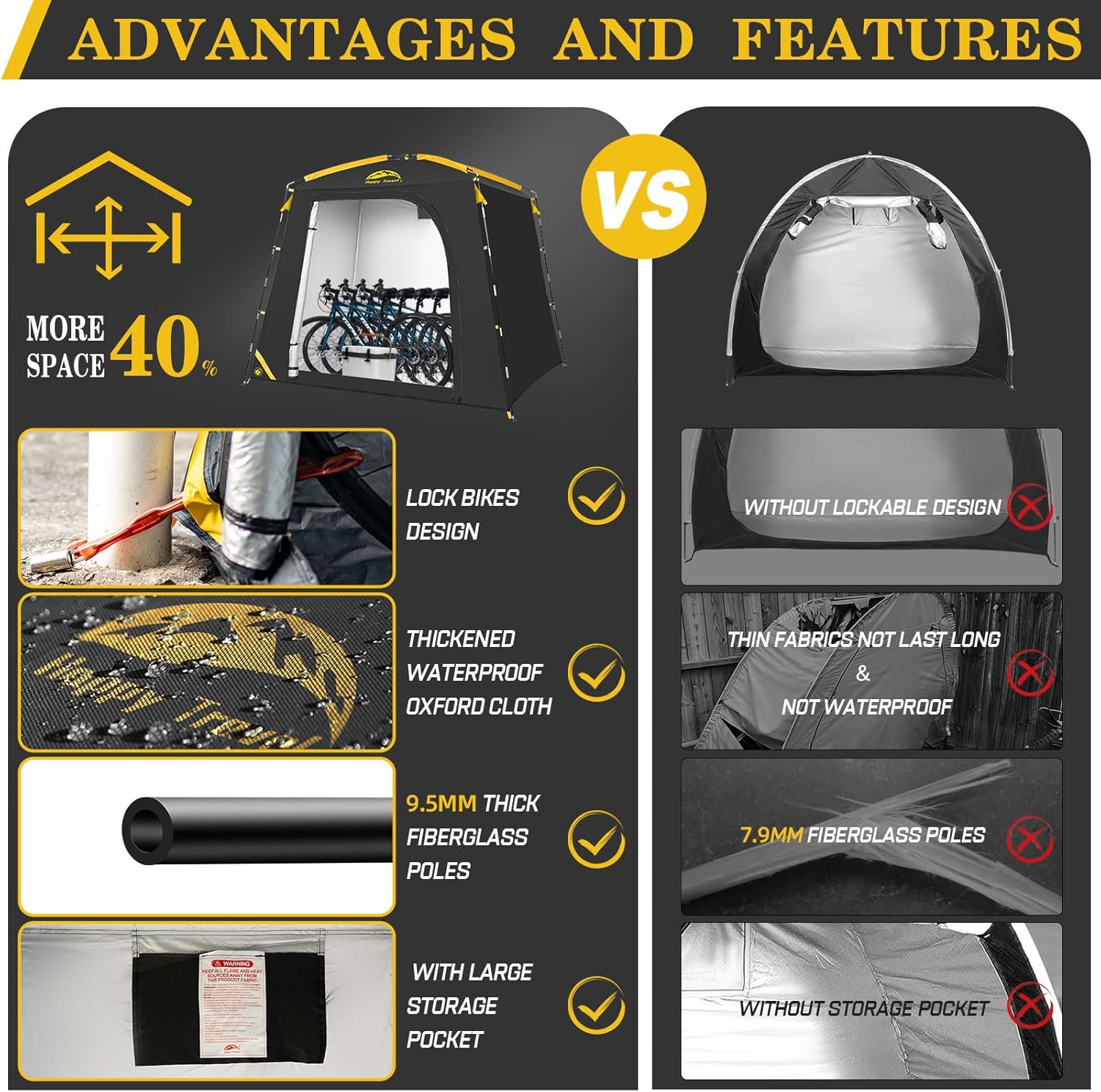 Happy Travel Bike Storage Shed Tent, Waterproof Portable Bike Cover with 40% More Top Space for 2/3/4/5 Bikes,Clips Easy Setup Sheds Shelter with Lockable Bicycle Design for Garden Tools, Lawn Mower