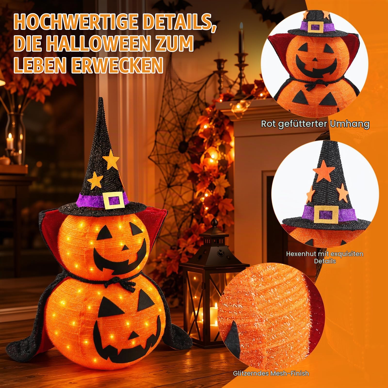 Halloween Kürbis Dekorationen, Lichter mit 50 LED-Lichtern, Faltbarer Kürbis mit Hexenhut-Lichtern, Dekorationen für den Innen- und Außenbereich, Hof, Urlaub, Gartendekoration (85cm)