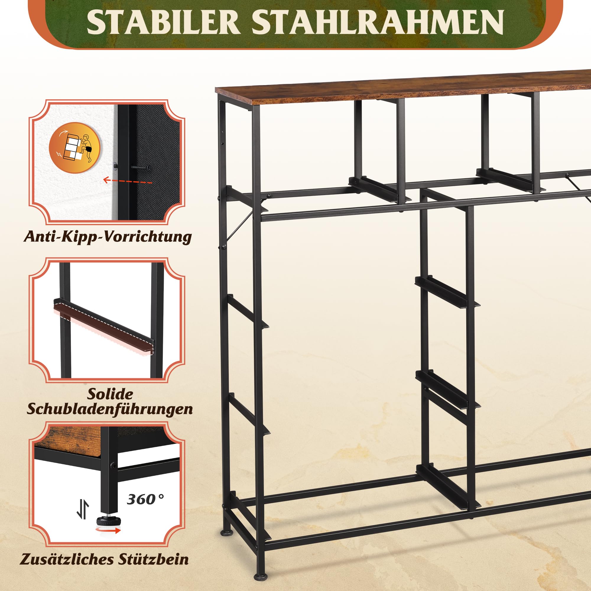 WLIVE Kommode mit 9 Schubladen aus Stoff, Kommodenschrank für Schlafzimmer, Kommode Wohnzimmer, mit Stabiler Stahlrahmen, Vintagebraun-Schwarz