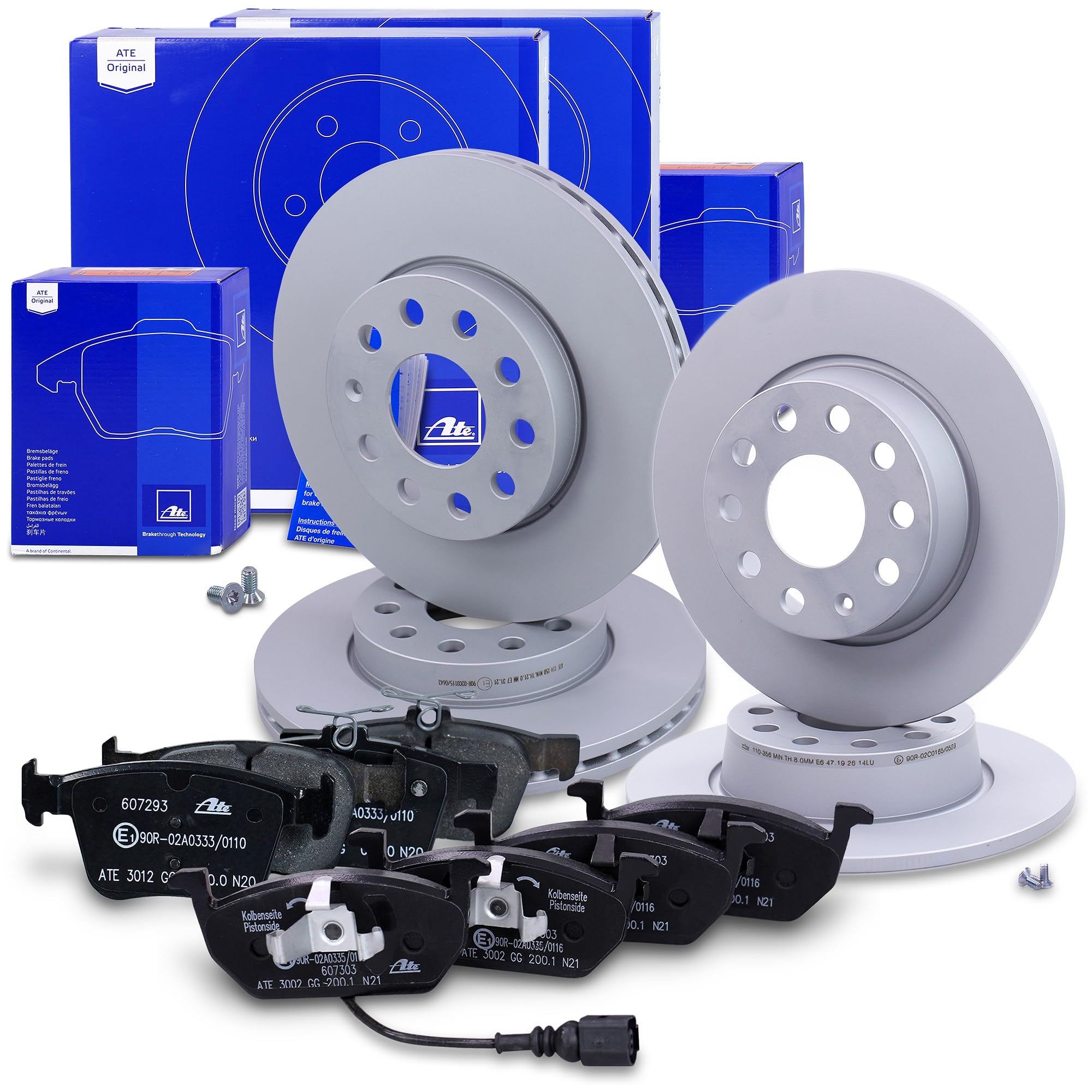 ATE Set di freni + dischi freno anteriori ¯ 276 mm ventilati + posteriori pieni e pastiglie freno anteriori + posteriori e contatto di segnalazione Compatibile con AUDI A3, SEAT LEON, VW GOLF 7