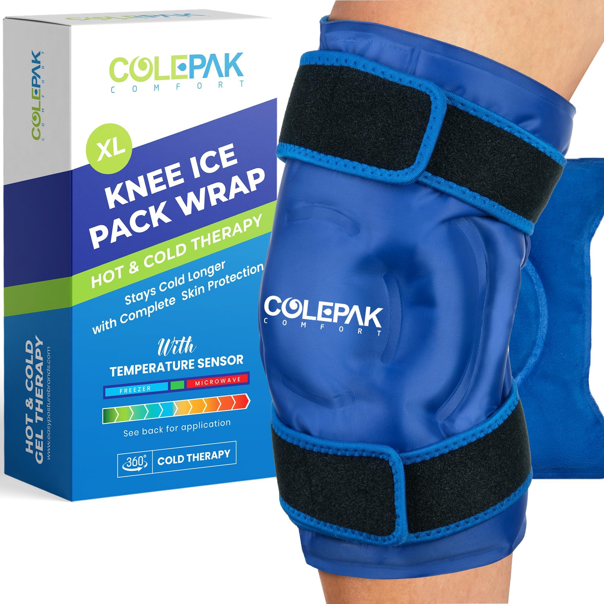 XL Plus Knee Ice Pack Wrap - Around Entire Knee - Large Ice Packs for Knees w/Temp Sensor - Ice Pack Knee Wrap w/Cold Compression for Replacement Surgery, Pain Relief & Swelling