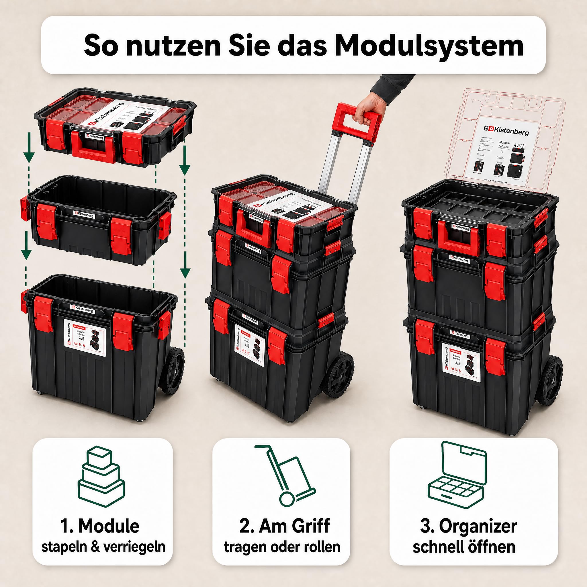 Carrello degli attrezzi, 530 x 355 x 825 mm, cassetta degli attrezzi con ruote | Officina con ruote, con organizer, scatola assortita e chiusure a clip X-Block, mobile, impilabile, modularmente espandibile
