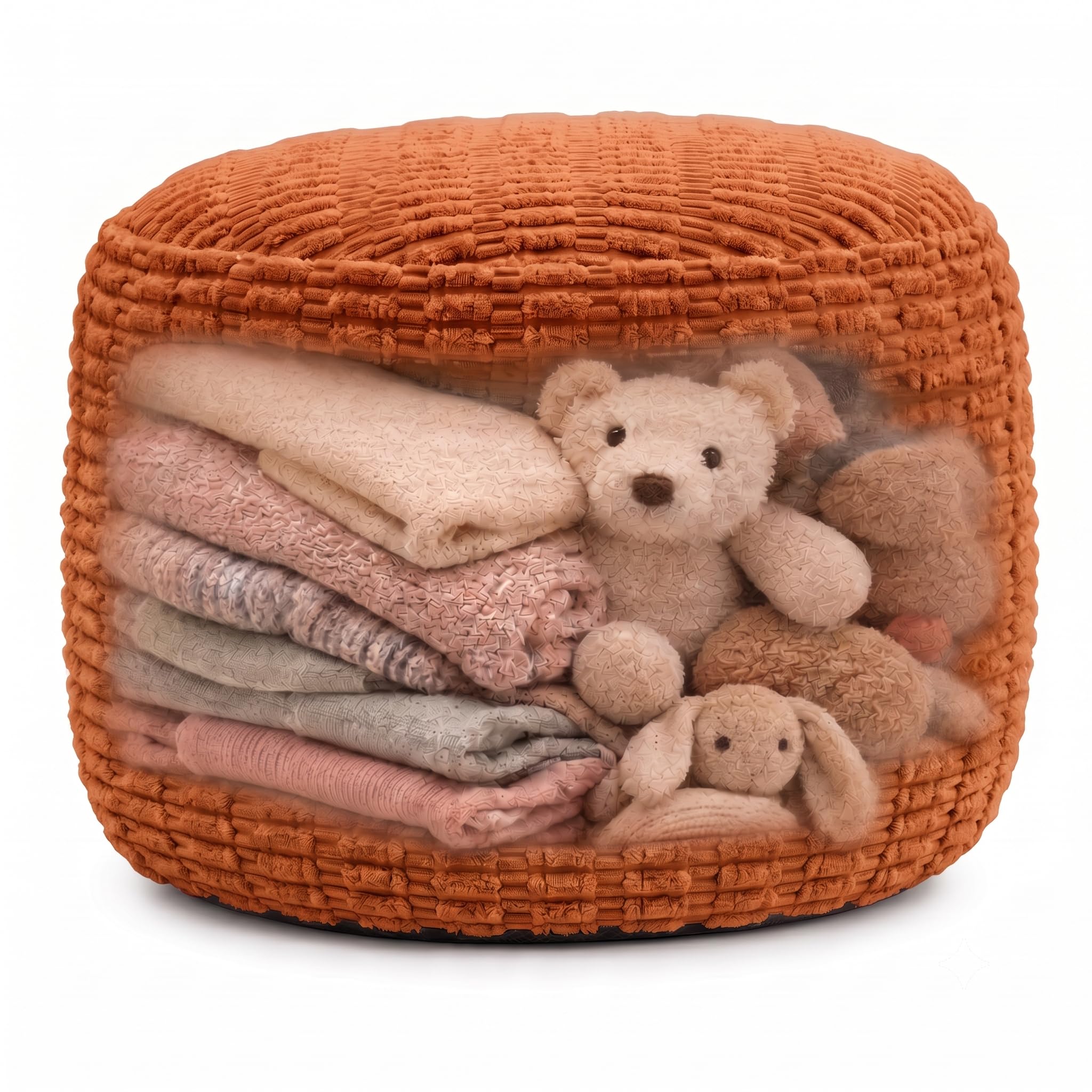 Round Pouf Ottoman Cover Only, Burnt Orange, 24"x14", Storage Cover