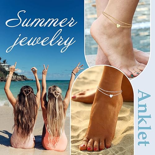 Miniatura 2 de ChainsProMax Tobillera de corazón elegante, cadena de pie de playa de verano para mujer, pulsera de tobillo inicial de la A a la Z, ajustable