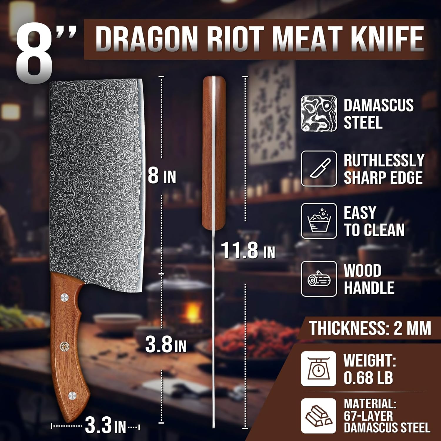 DRAGON RIOT Damascus Cleaver Knife 10 inch, VG10 Damascus Knife for Meat Cutting, Butcher Knife with Wood Handle for Chopper Vegetables Razor Sharp Chooping Knife, Premium Gift Box