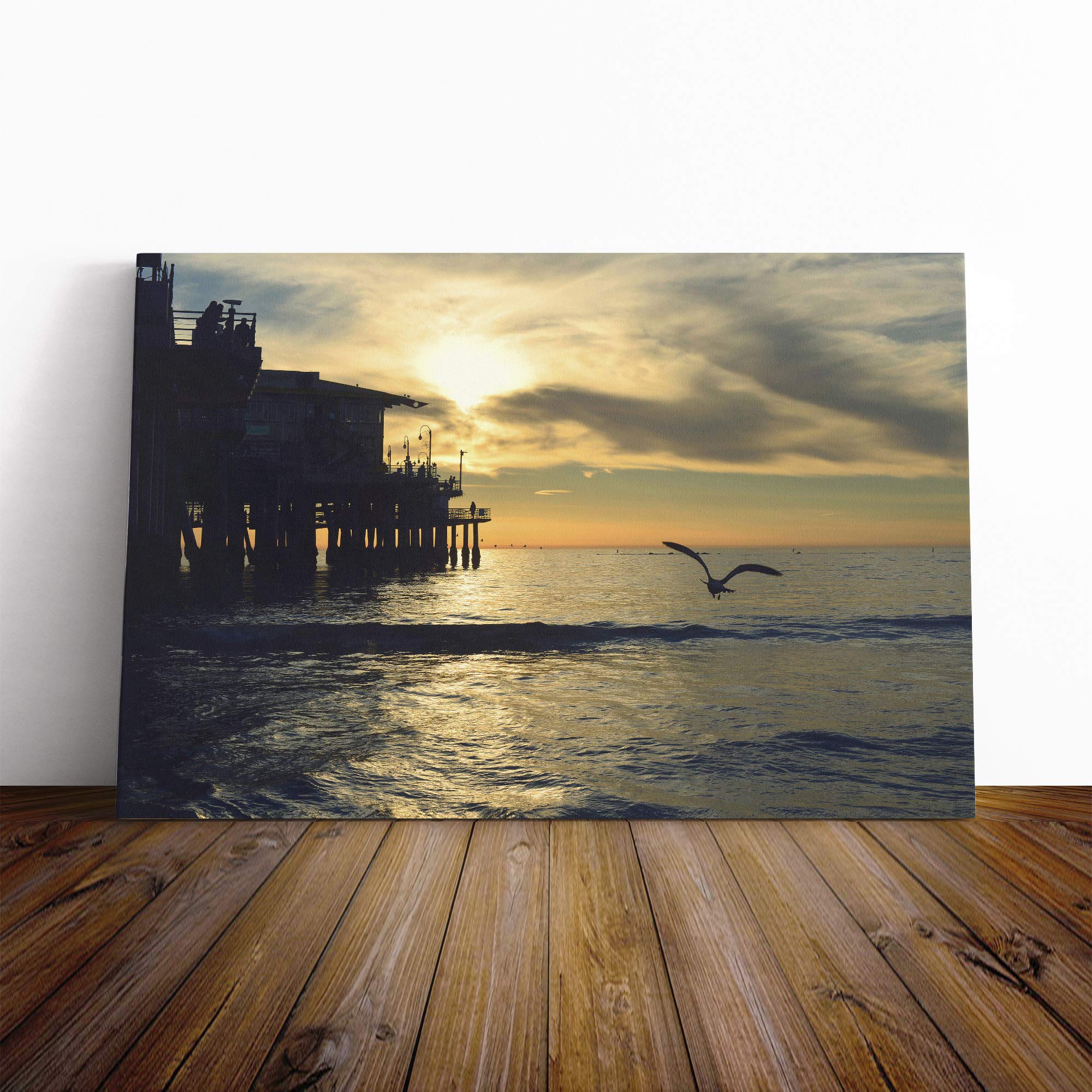 Seagull by The Pier Canvas Print | Gallery Wrapped 30mm Frame Wall Art | 30x20 inches | Ready to Hang | Modern Beach Picture | Living Room Bedroom Lounge Office