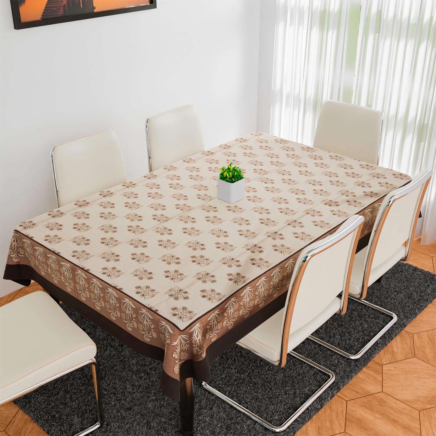Kuber Industries Dining Table Cover | Polyester 6-Seater Table Cloth Cover | Harmony Table Cover | Table Cover for Dining Table | 60x90 Inch | DTC | Cream & Brown