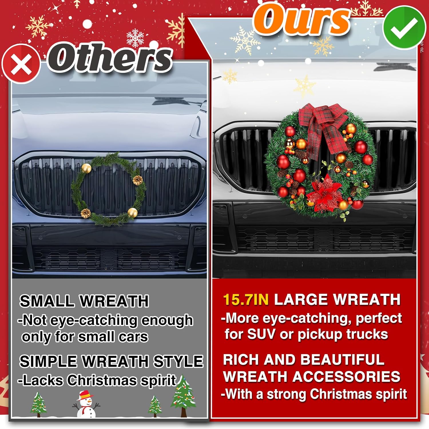 15.7in Large Car Wreath Christmas Decor - Xmas Front Grille Decoration Gifts for Truck SUVs Automotive, Winter Holiday Artificial Bows Flowers Ornament Accessories - Red