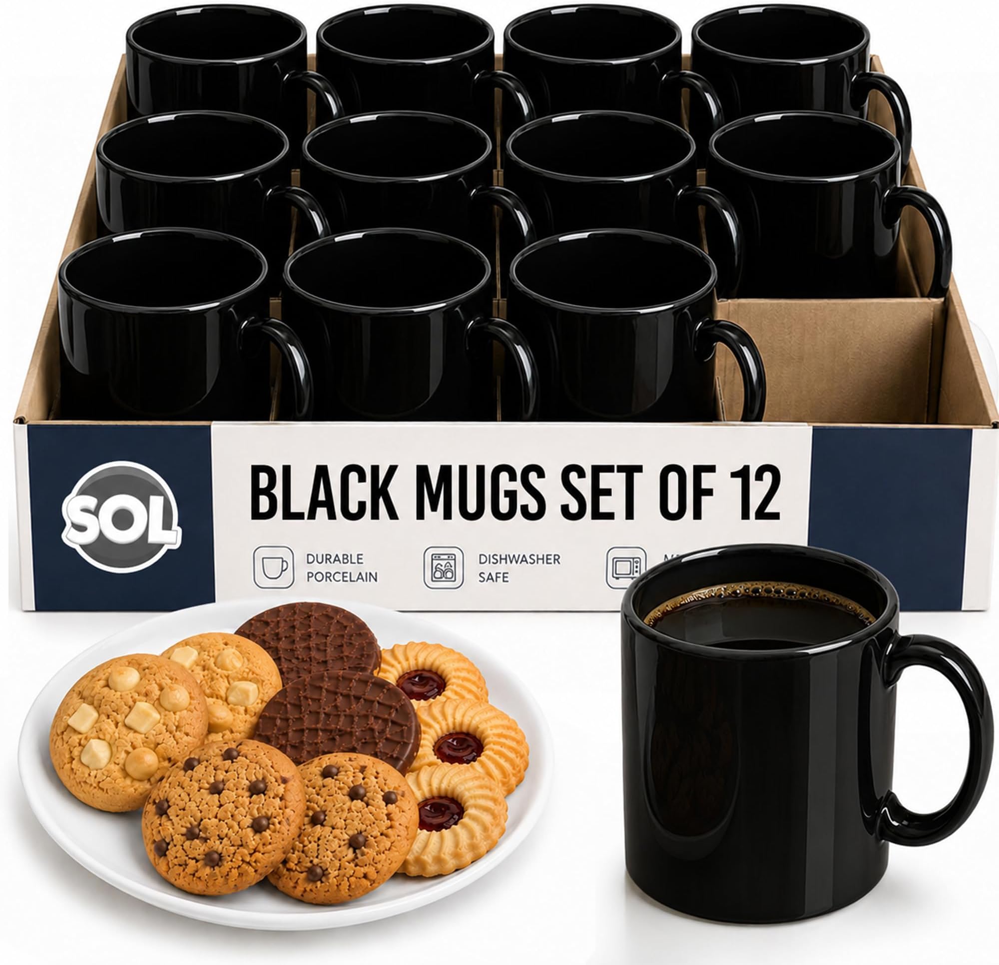 SOL Black Mugs Set of 12 - Microwave Safe & Scratch Resistant Coffee & Tea Cups - Plain Black Mugs Set of 12 x 11oz