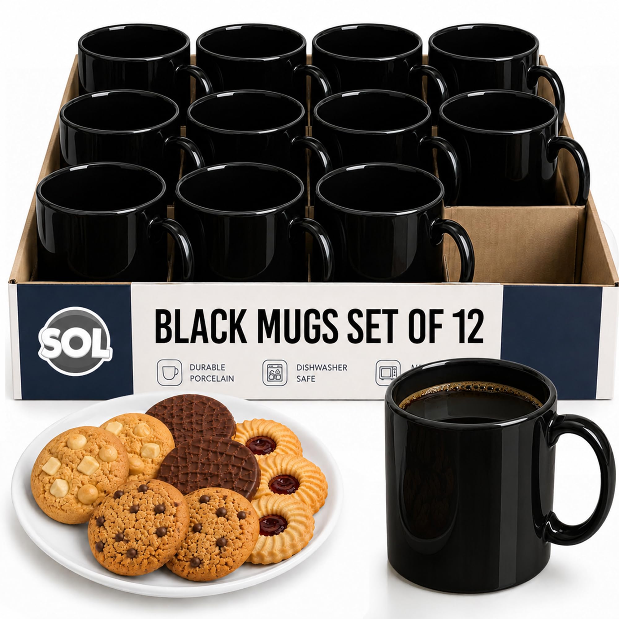SOL Juego de 12 tazas de cerámica negras de 11 onzas para té y café, juego de vasos duraderos para el hogar, oficina, cafetería, restaurante, diseño apilable, apto para microondas y lavavajillas, apto