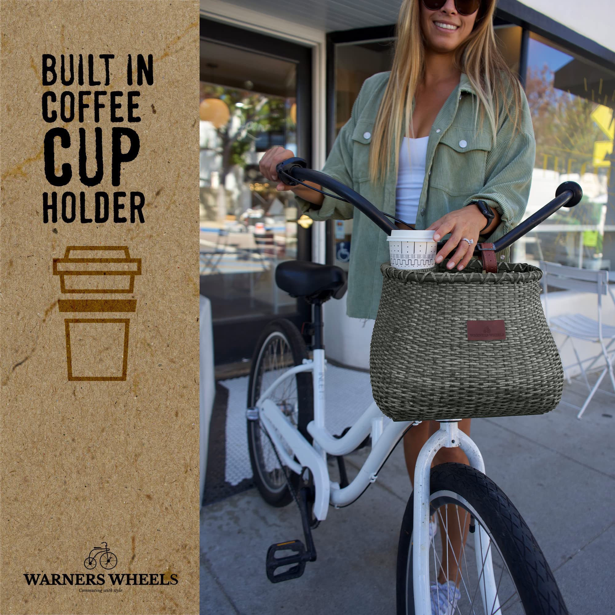 WARNERS WHEELS Fahrradkorb für Damen Cruiser mit Kaffeetassenhalter, handgefertigte gewebte Fahrradkörbe, Befestigung an Frontlenkern von Beach Cruisern oder Rollern mit veganen Lederriemen