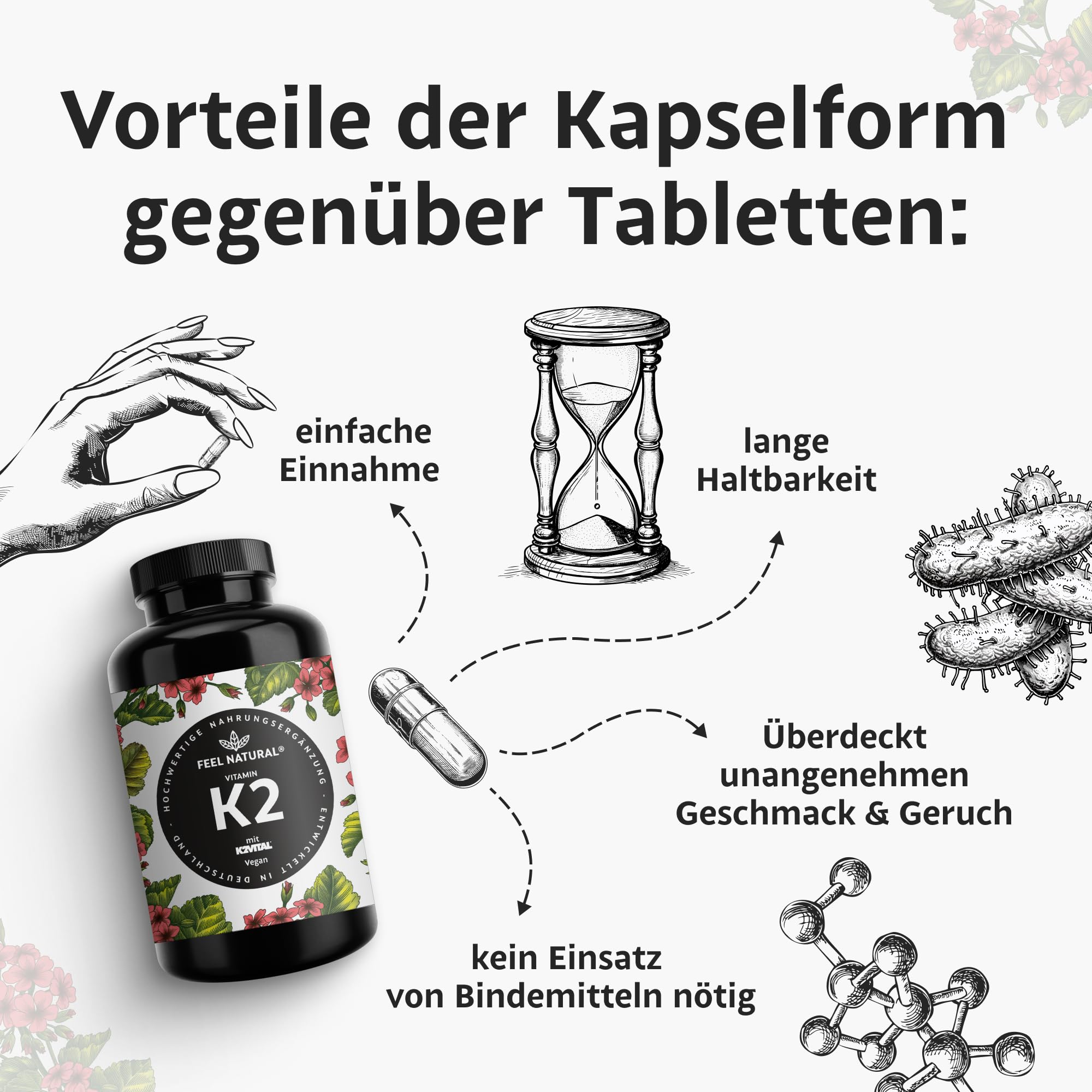 Vitamin K2 MK7-365 Kapseln - 200µg je Kapsel - Spitzenrohstoff K2VITAL® mit 99,7% All-Trans-MK7 - Hochdosiert, vegan, ohne Zusätze wie Magnesiumstearat - laborgeprüft, in Deutschland produziert