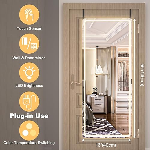 Miniatura 9 de Hasipu Espejo de longitud completa con luces, espejo de pared iluminado LED de 47 x 18 pulgadas, espejo colgante sobre la puerta, espejo de cuerpo