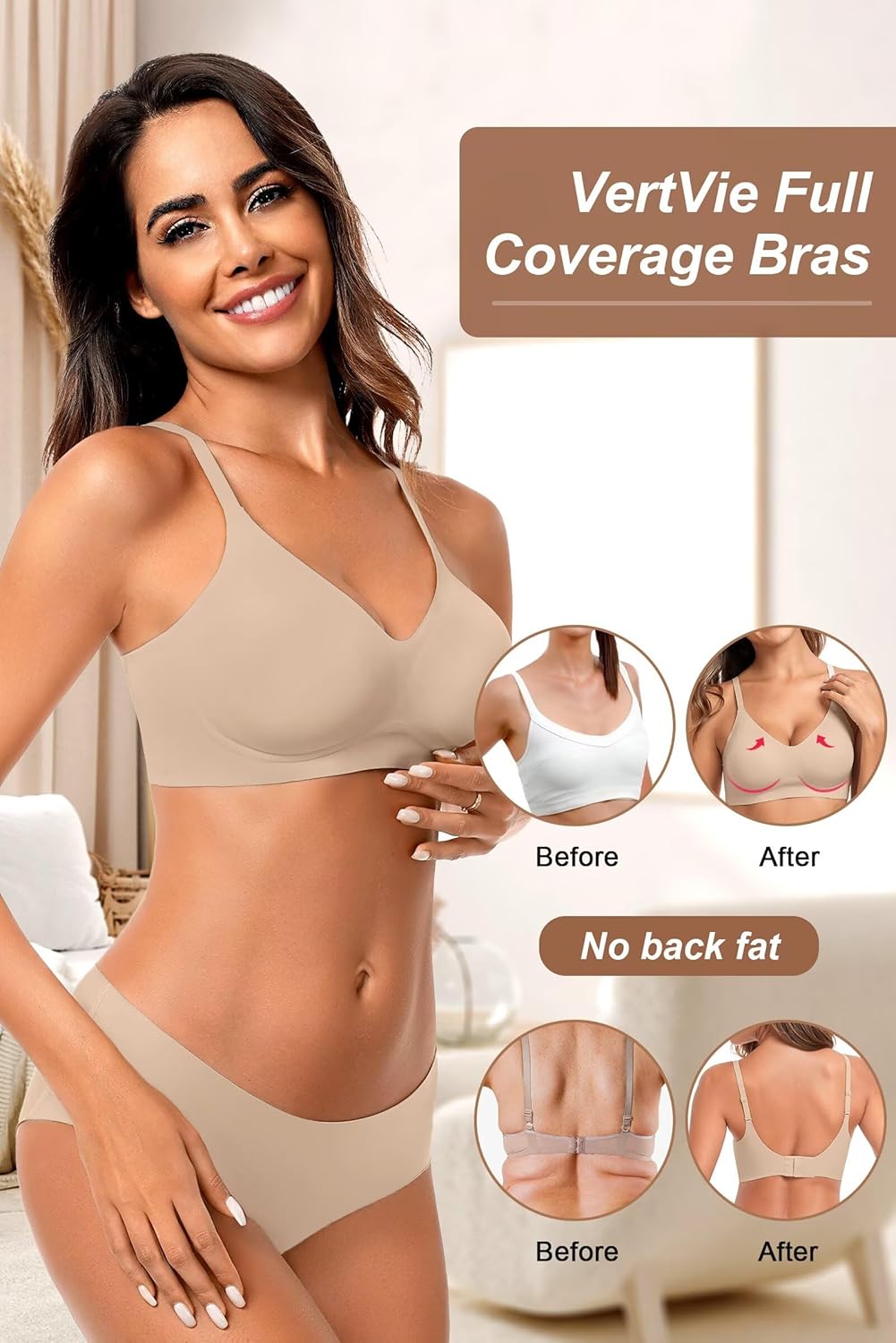 Vertvie Racerback Bras for Women Full Coverage Supportive Wireless Bras Push Up Seamless Bralettes Convertible T-Shirt Bra - Image 3