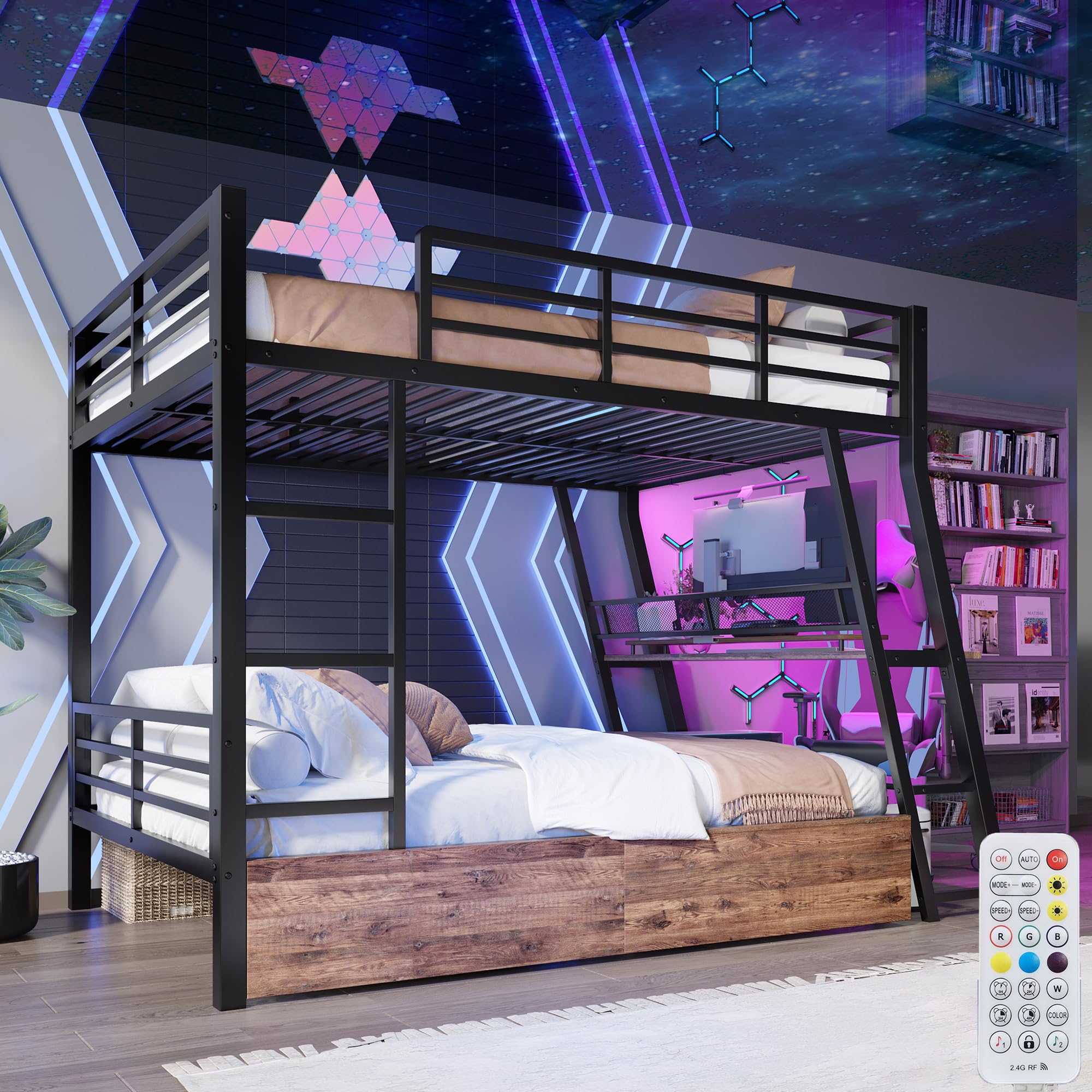 Letto a Soppalco 140x200 cm con LED e cassetti, Letto matrimoniale con scrivania, Letto Bambini con scala e ringhiera, Nero(Senza Materasso)