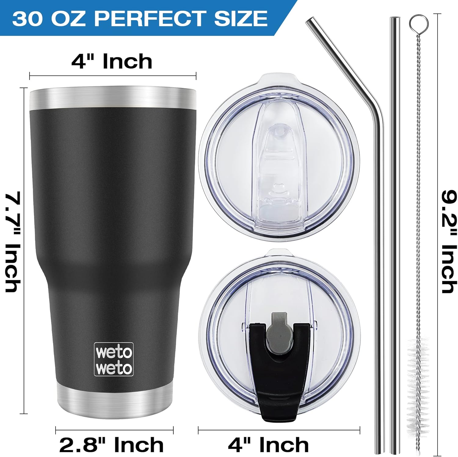 WETOWETO 30 oz Insulated Tumbler With 2 Lids and 2 Straws, Stainless Steel Double Vacuum Coffee Tumbler Cup, Powder Coated Travel Mug for Home, Office, Travel, Party (Black, 1 Pack) - Image 3