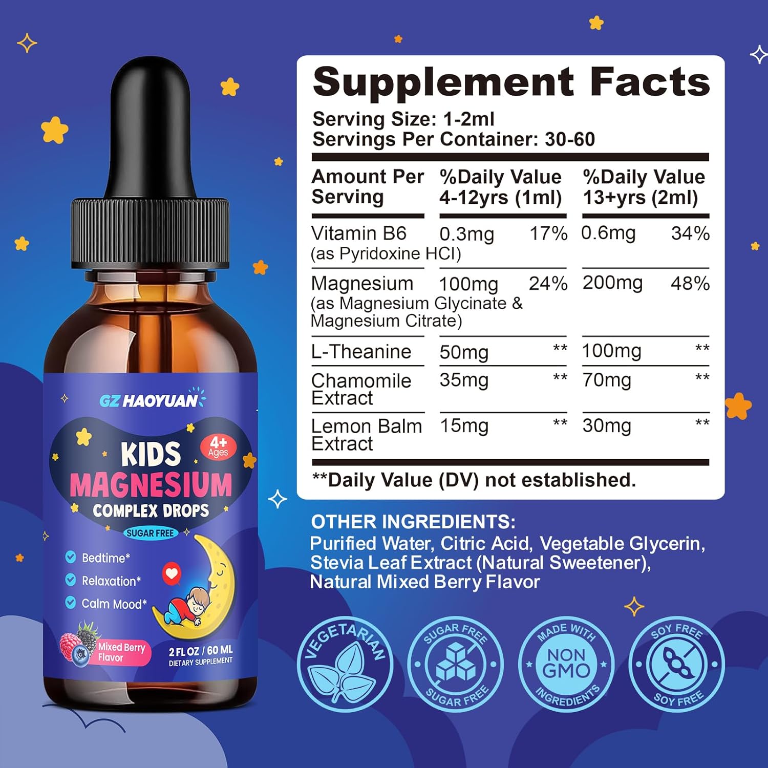 Kids Magnesium Liquid-Magnesium Glycinate Drops for Kids, Citrate Liquid with L-theanine, Chamomile & Vitamin B6 for Sleep, Relaxation, Calm & Focus - Mixed Berry Flavor 2 Fl Oz, 2 Pack