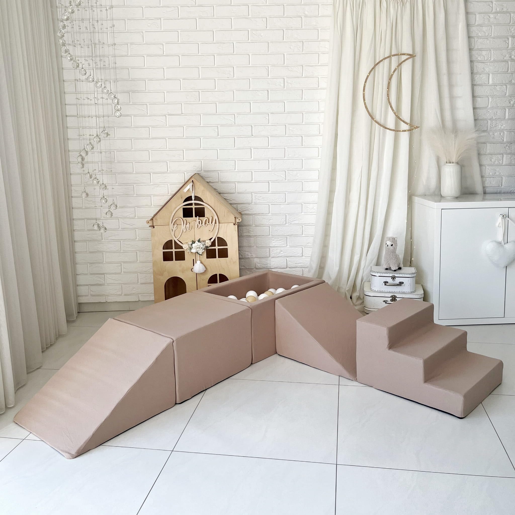 Beige Schaumstoff-Spielset mit 5 Elementen Bällebad und 100 Bällen Abnehmbare Bezüge Weich und Waschbar Indoor-Spielset Kinderspielplatz