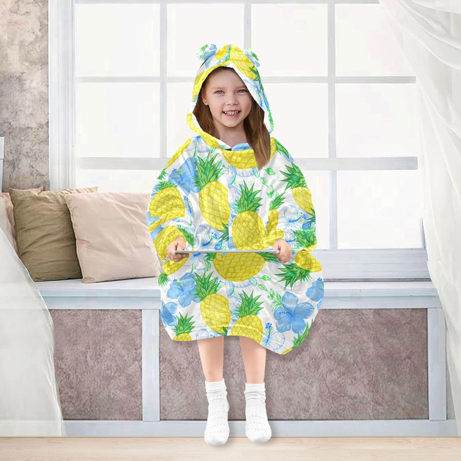 Pineapple Fruit Flower Kids Wearable Blanket Hoodie with Pocket and Sleeves for Toddlers, Cute Hoodies Girls Boys