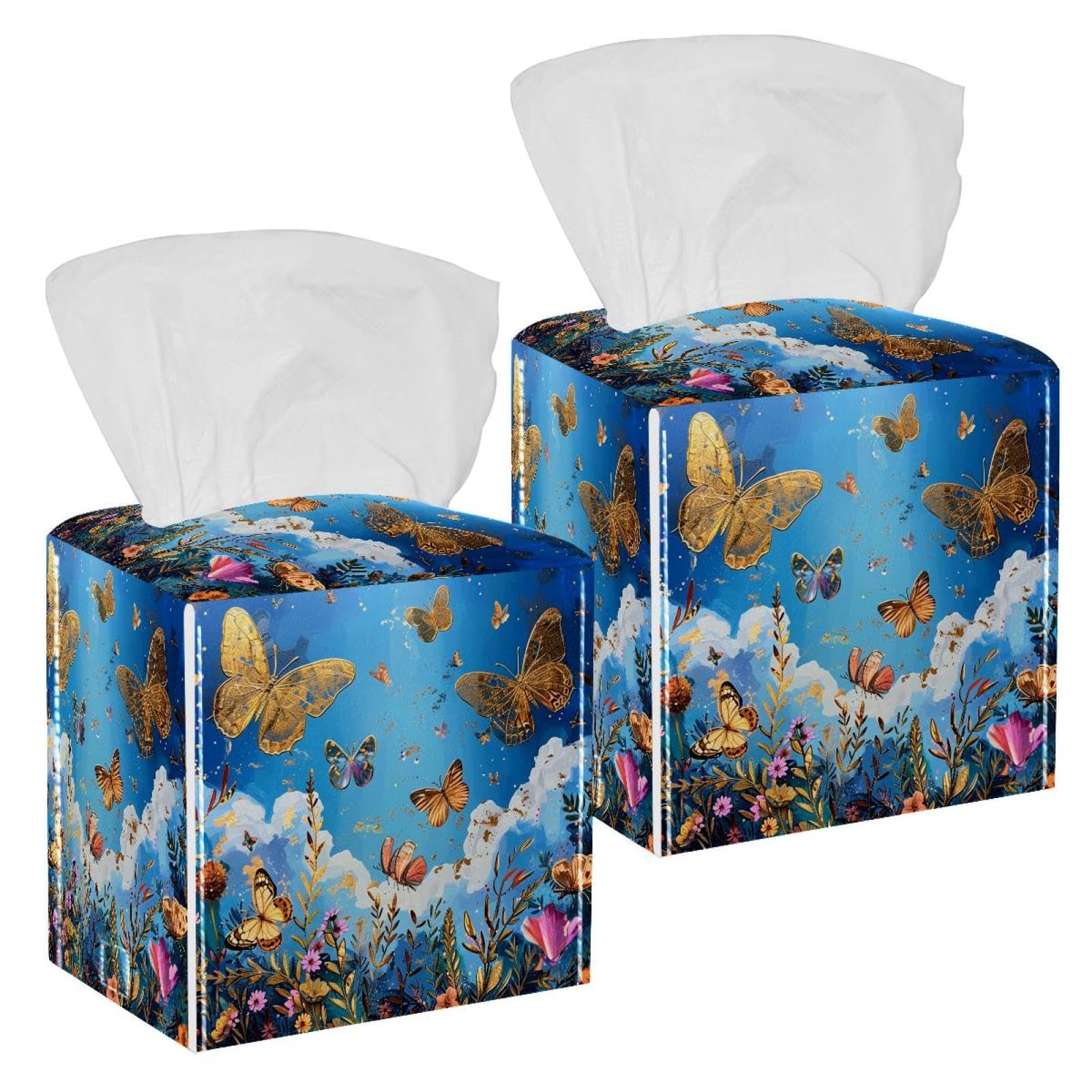 Retro Golden Butterfly Tissue Box Cover, 2 Pack PU Leather Square Facial Tissue Dispenser Box holder for Home Office Car