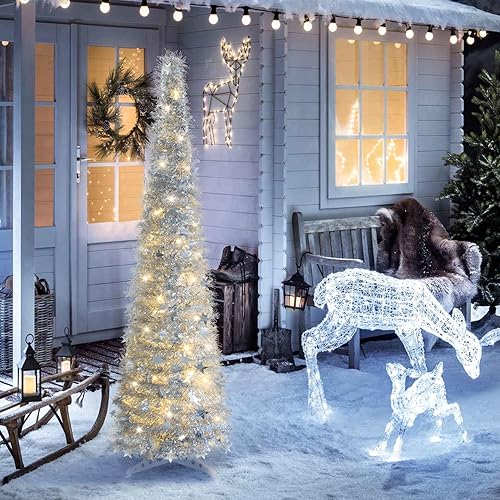 Miniatura 6 de Árbol de Navidad de 5 pies con luces, árbol de Navidad desplegable plateado con lentejuelas de estrella y luz cálida