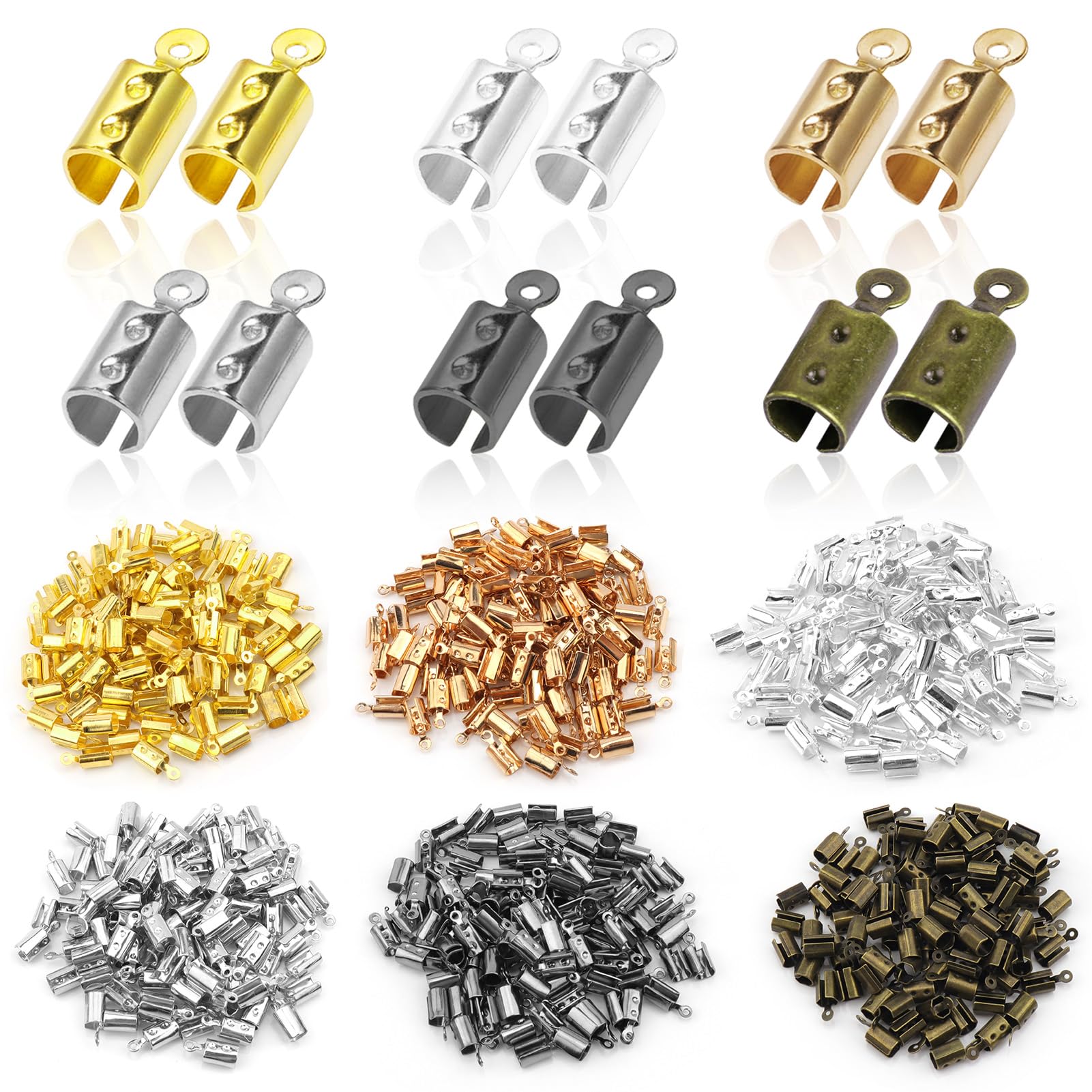 300pcs Stainless Steel Fold Over Cord Ends Fold Over Crimp Caps Ribbon End Clasp Tips Clamp Cord Ends Jewelry Connector for for Jewelry Making/Necklace Cord/DIY Crafts(6 Colors)