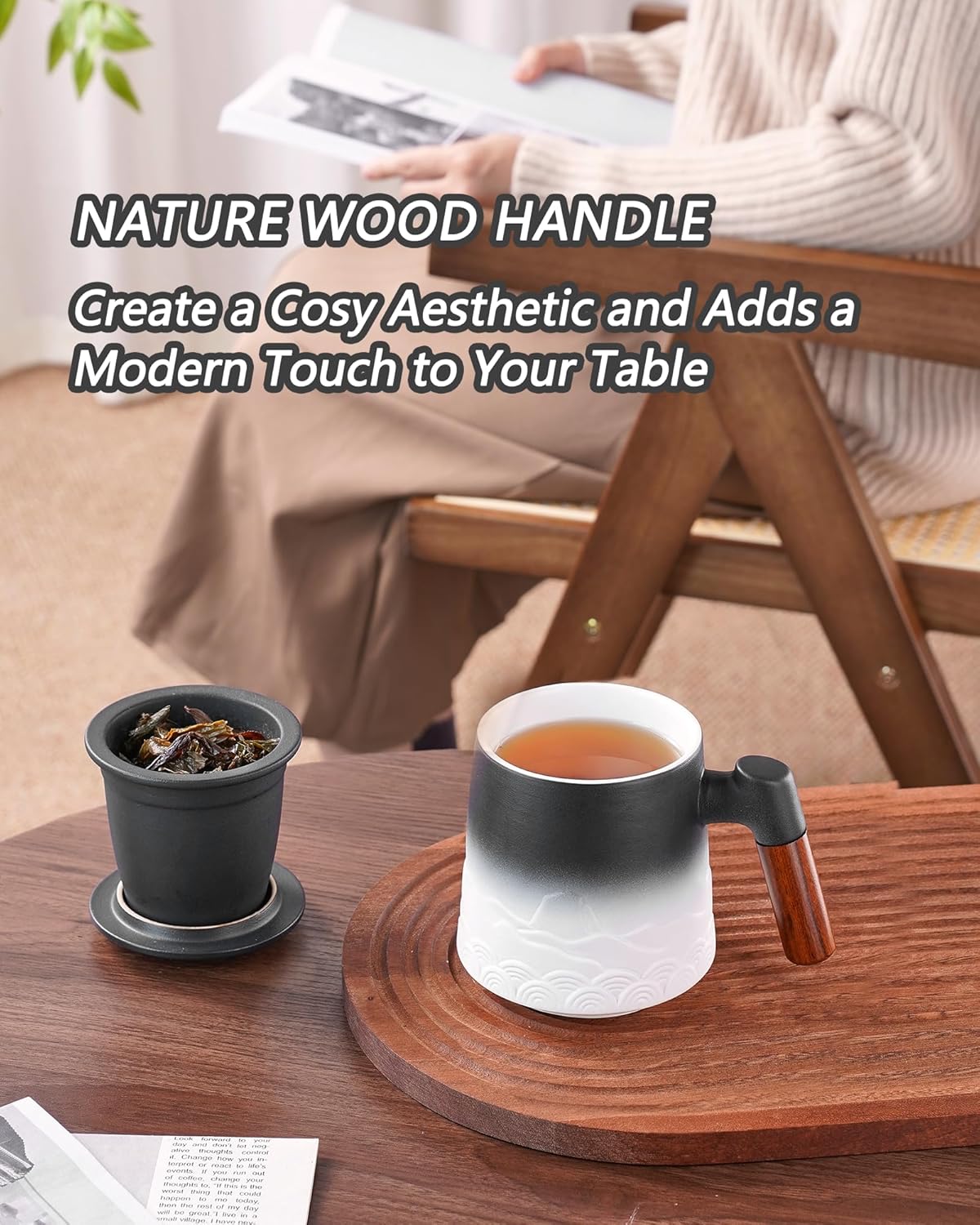 ZENS Tea Mug with Infuser and Lid for Loose Leaf Tea Steeper, 16.9oz Embossed Ceramic Tea Cup with Fine Strainers, Wood Handle Large Diffusers Mugs for Tea Lovers Gifts - Image 2