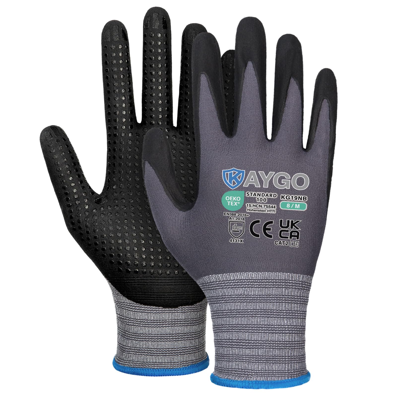 KAYGO Work Gloves with Grip Dots on Palm for Anti-Slip, 12 works, KG19N, MicroFoam Nitrile Coated Light Oil Compatible