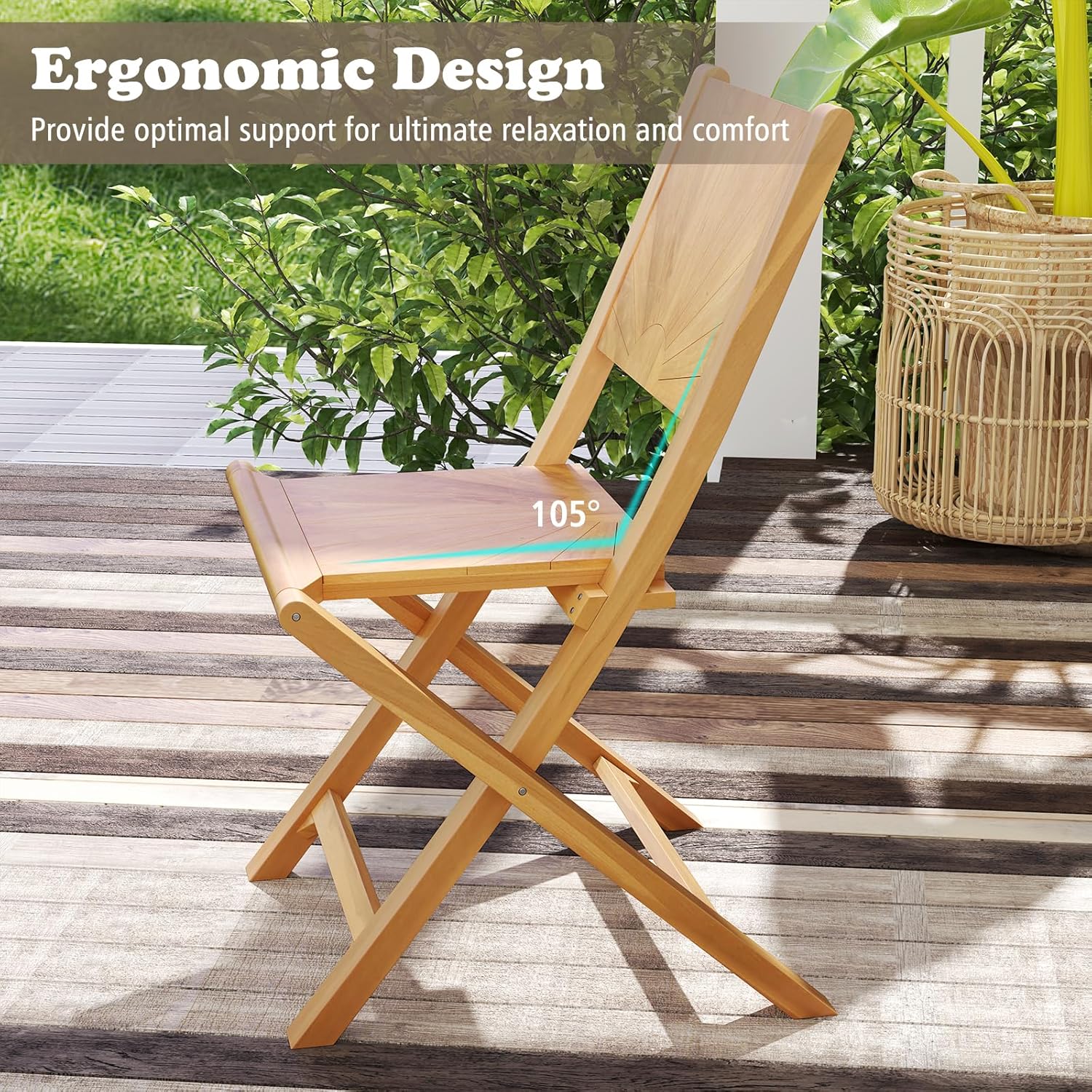 Tangkula Teak Wood Folding Patio Chairs Set of 2, No Assembly Outdoor Dining Chairs with Inclined Backrest, Outside Foldable Bistro Chairs for Porch, Balcony, Garden & Yard (Sun Back)