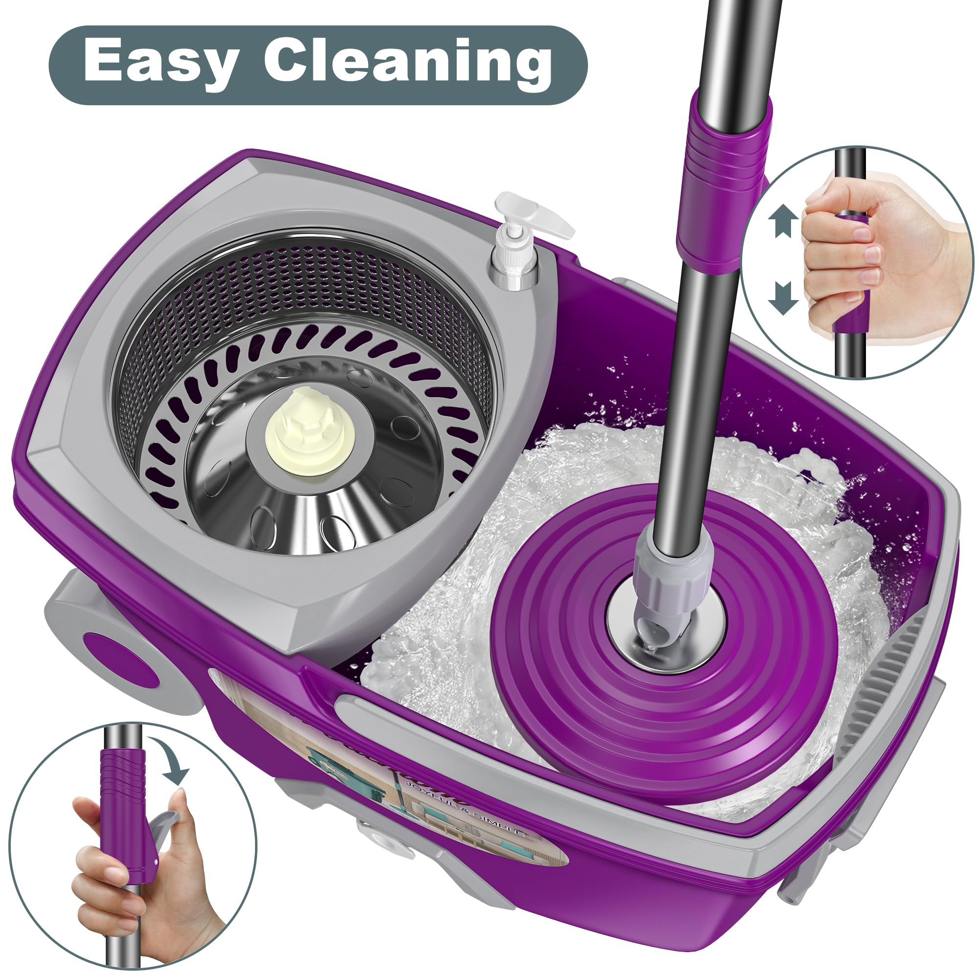 Mopa giratoria de doble compartimento y cubo, fregona y cubo con juego de escurridor, fregona giratoria de 360° para limpieza de suelos con 6 cabezales de repuesto de microfibra, mango extendido de 61
