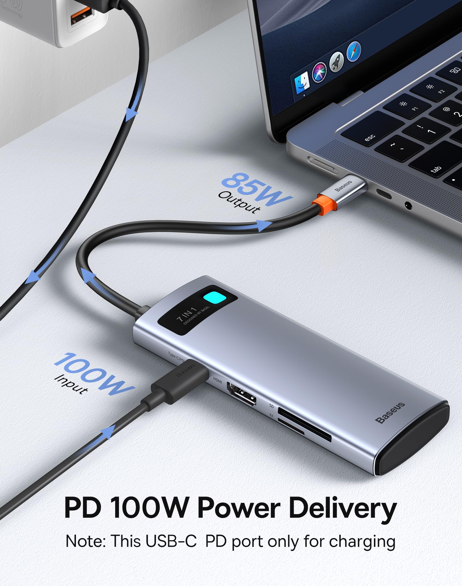 Baseus Koncentrator USB C 7 w 1, adapter do stacji dokującej z 4K HDMI, 100 W PD, 2 USB 3.0 5 Gb/ps, 1 USB C, czytnik kart SD/TF do iPhone 15, laptopów MacBook/Surface Pro/iPad/Steam Deck/Rog