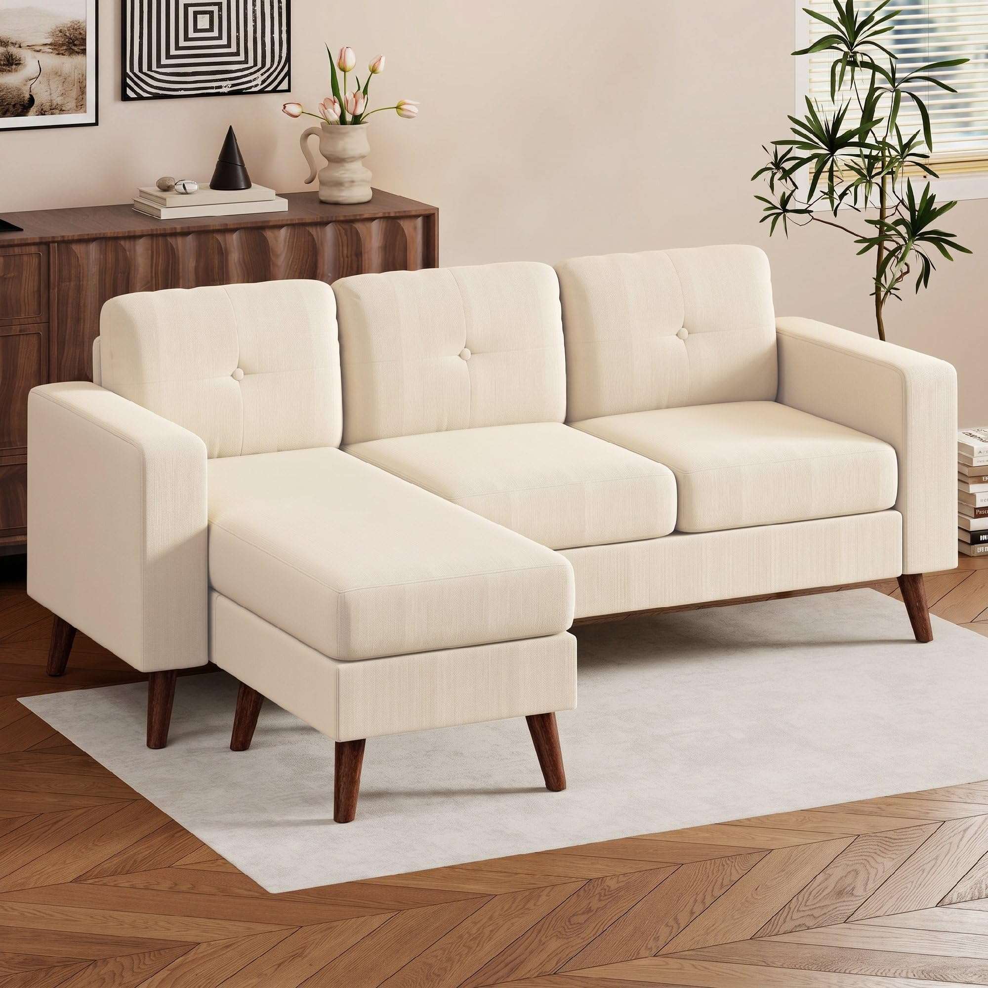 HOMCOM Sofá Chaise Longue Reversible 3 Plazas 192x137x84 cm Crema | Sofá Esquinero en Forma de L, Tapizado en Pana, Marco de Acero, para Espacios Reducidos, Salón