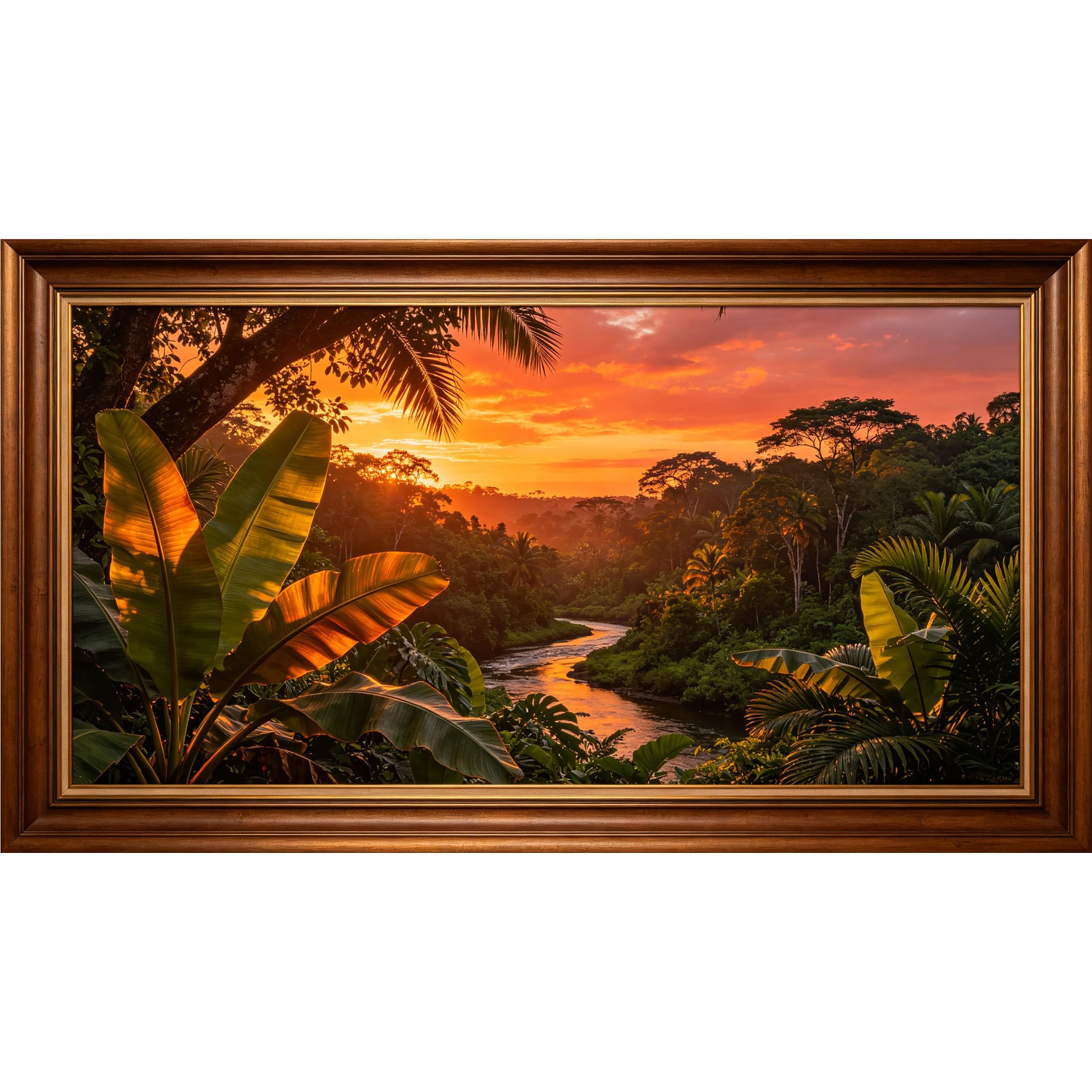 QZLITHOTIC 50×100cm 3D Framed Wall Art， Tropical Sunset Jungle River Landscape Self?Adhesive Mural， Water?Activated Peel & Stick Fabric Decor Wall Decal for Bedroom Living Room