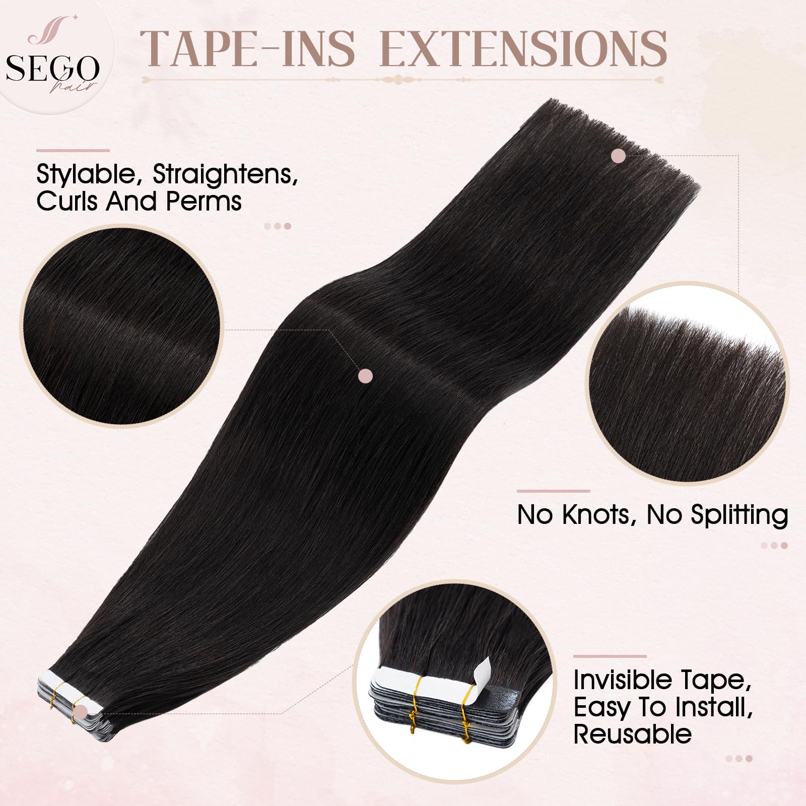 SEGOHAIR Tape in Hair Extensions Human Hair, 18" Invisible 10Pcs Real Hair Straight Natural Remy Tape Hair Extensions - Natural Black - Image 3