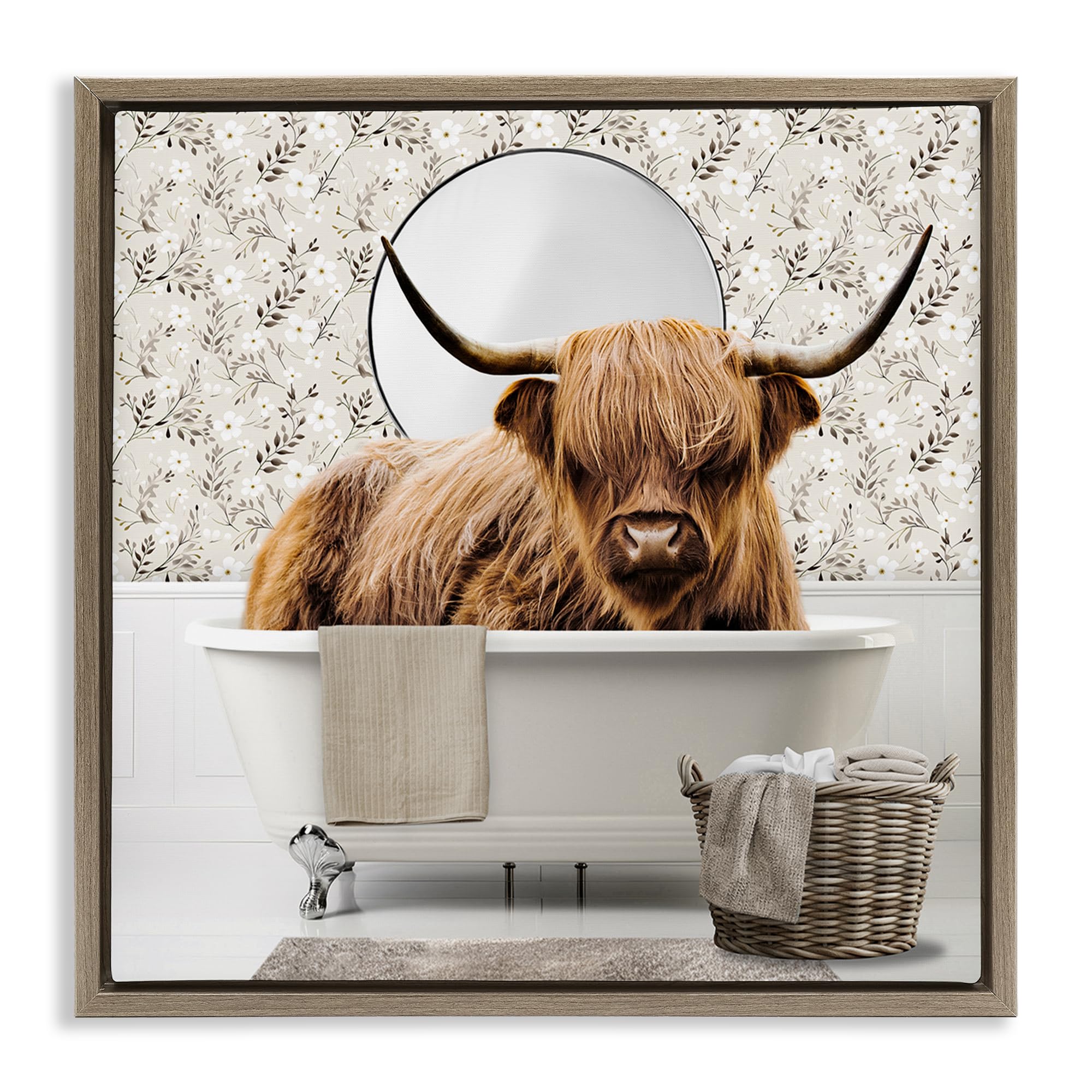 Stupell Industries 'Cottage Cattle Bath Time', Floating Frame Canvas Art, Brown, 25 x 25 Inches, Easy to Hang and Sturdy, Made in USA, by CAD Designs