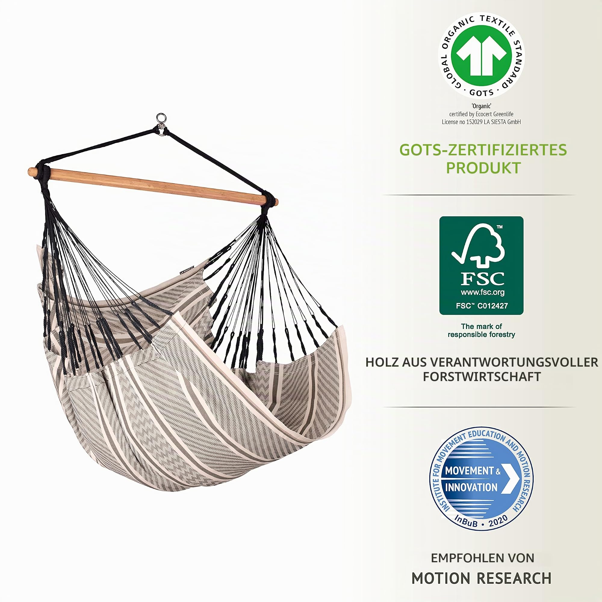La Siesta®- Habana Hängesessel Comfort Size für Entspannung & Stil: 360° Drehgelenk, hochwertiges Bambusholz - GOTS-zertifizierte Baumwolle. (Zebra)