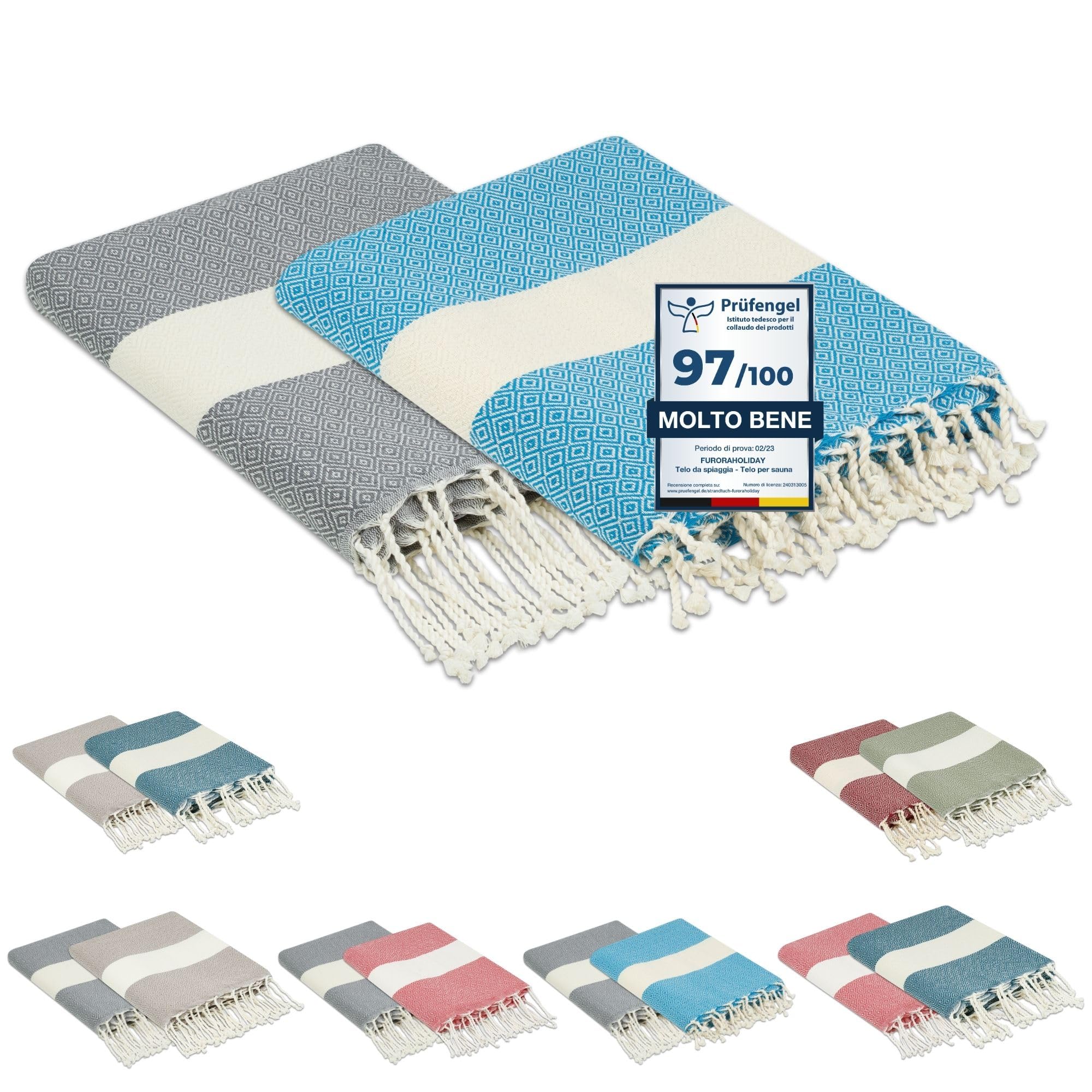 furora HOLIDAY Telo Mare (2 pezzi) Grande, cotone 100x200 cm | Telo Spiaggia antisabbia | Asciugamano Mare Fouta, frange e angoli, Pareo Donna Uomo Ragazzi | Pic Nic Beach Towel Coperta, lungo leggero