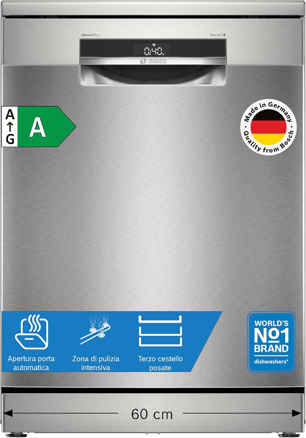 Bosch SMS6ECI15E Serie 6, Lavastoviglie Smart da libera installazione, Cestelli personalizzabili, Motore EcoSilence Drive, Lavaggio intensivo, 14 coperti,