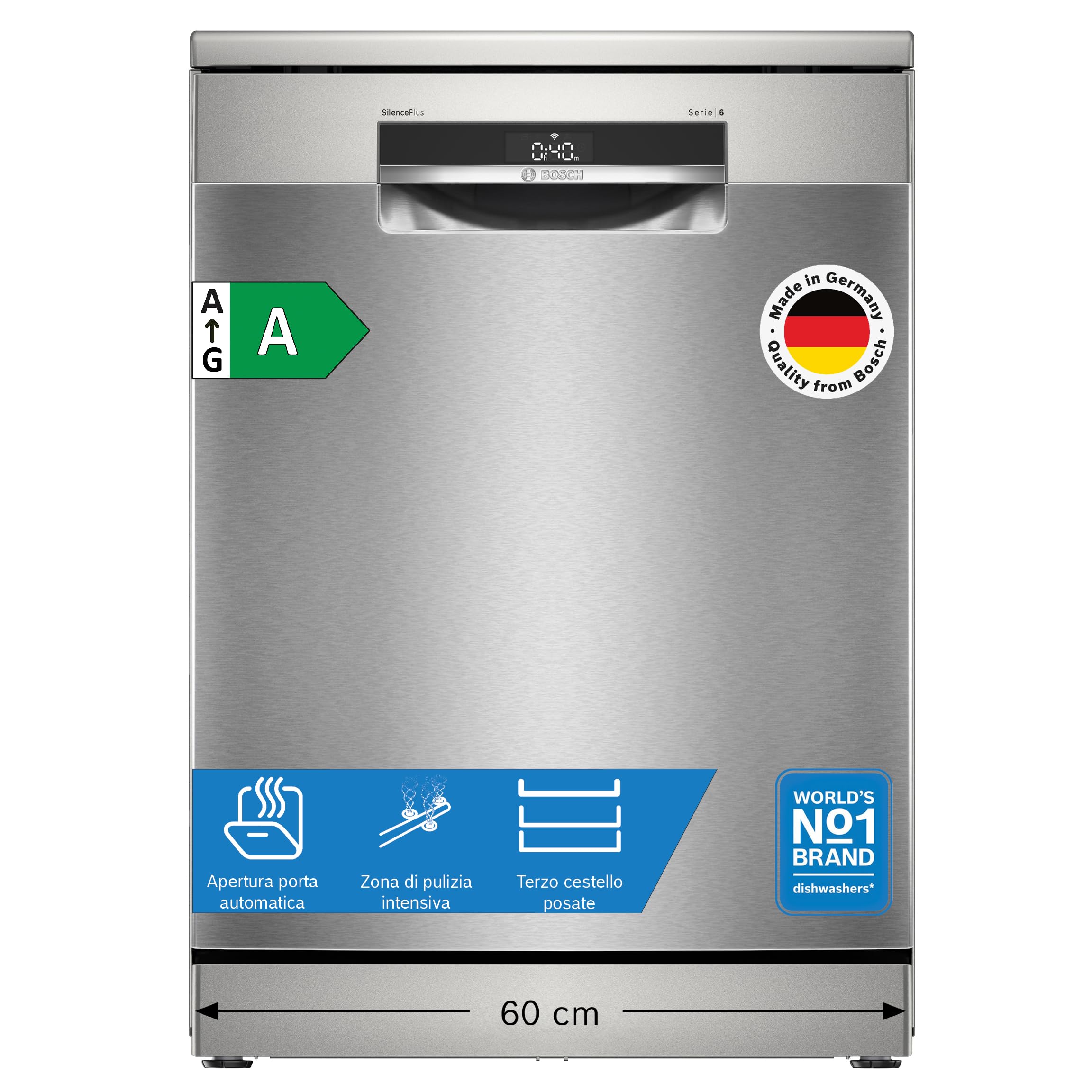 Bosch SMS6ECI15E Serie 6, Lavastoviglie Smart da libera installazione, Cestelli personalizzabili, Motore EcoSilence Drive, Lavaggio intensivo, 14 coperti, Acciaio, 60cm.