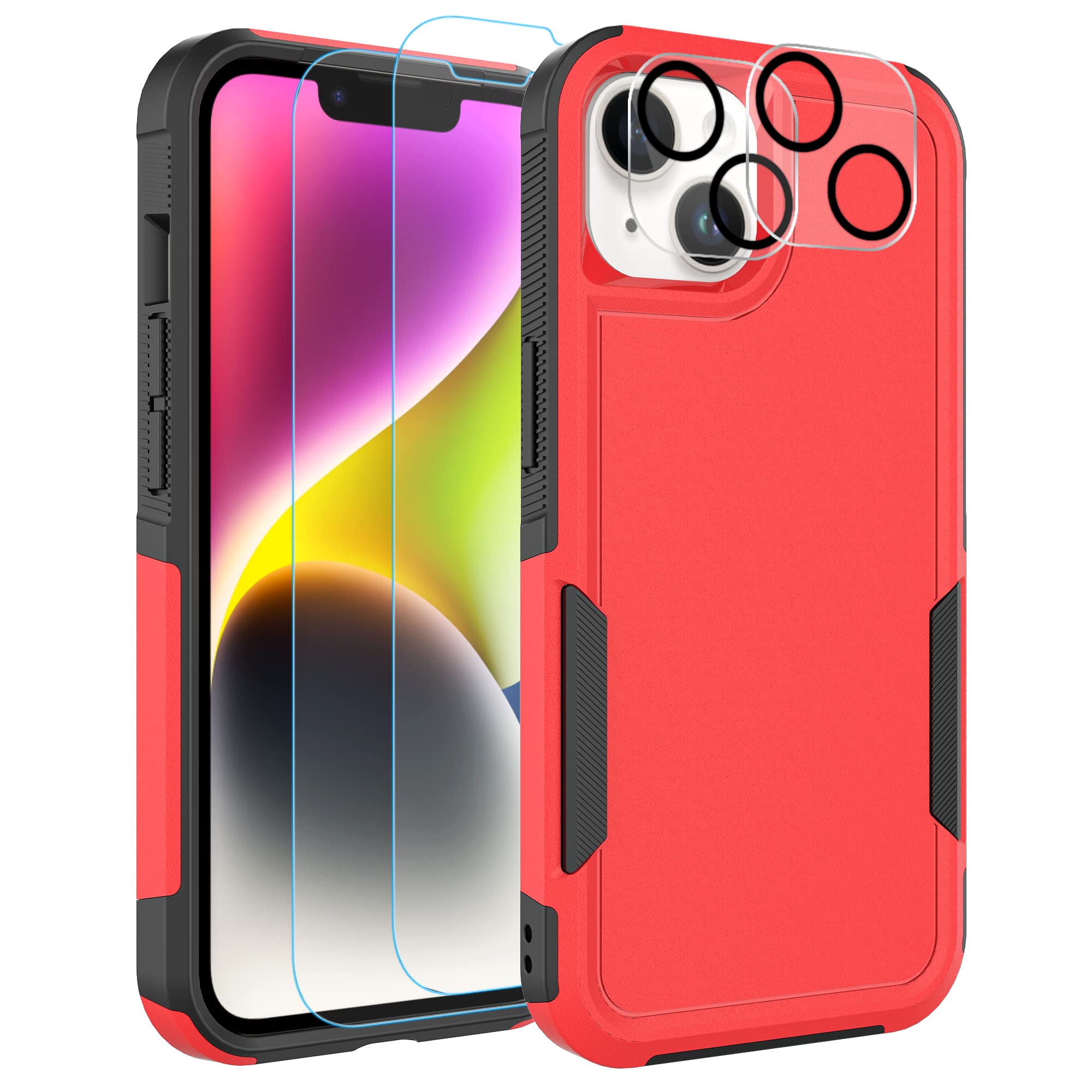 Ezanmull for iPhone 14 Case, [Shockproof] [Dropproof] [Full-Body] [2+Tempered Glass Screen Protector + 2+Tempered Camera Lens Protector] Protection Phone Case for Apple iPhone 14 (Red 1)